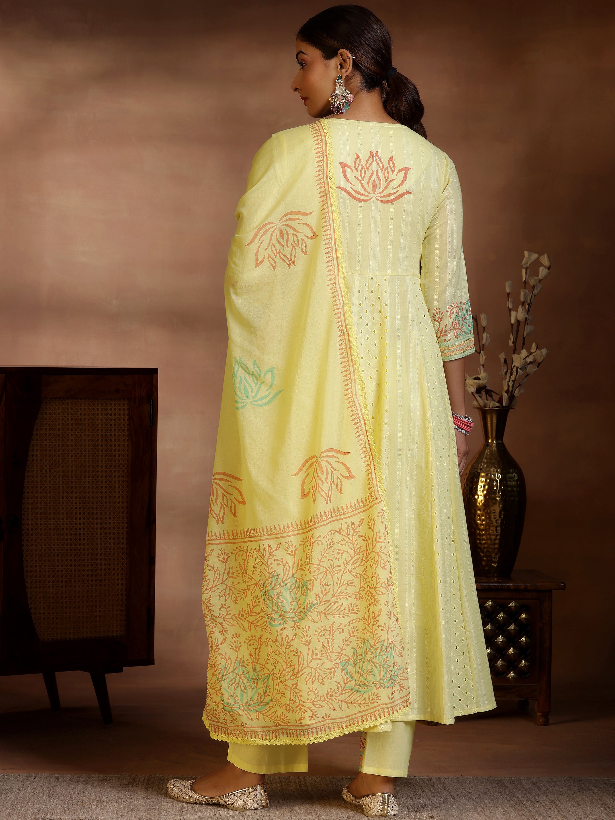 Yellow Embroidered Cotton A-Line Kurta With Trousers & Dupatta