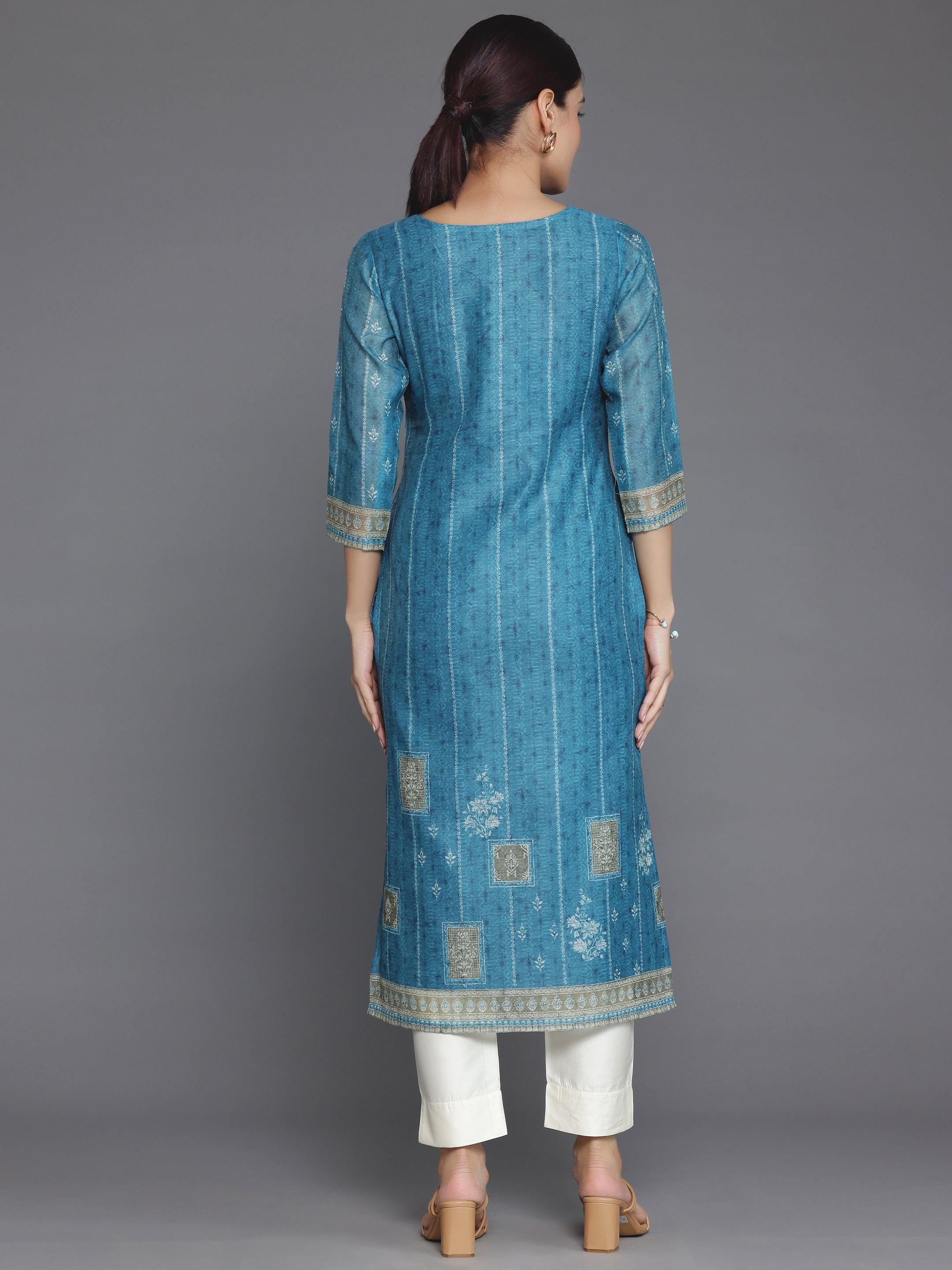 Blue Embellished Chanderi Silk Straight Kurta