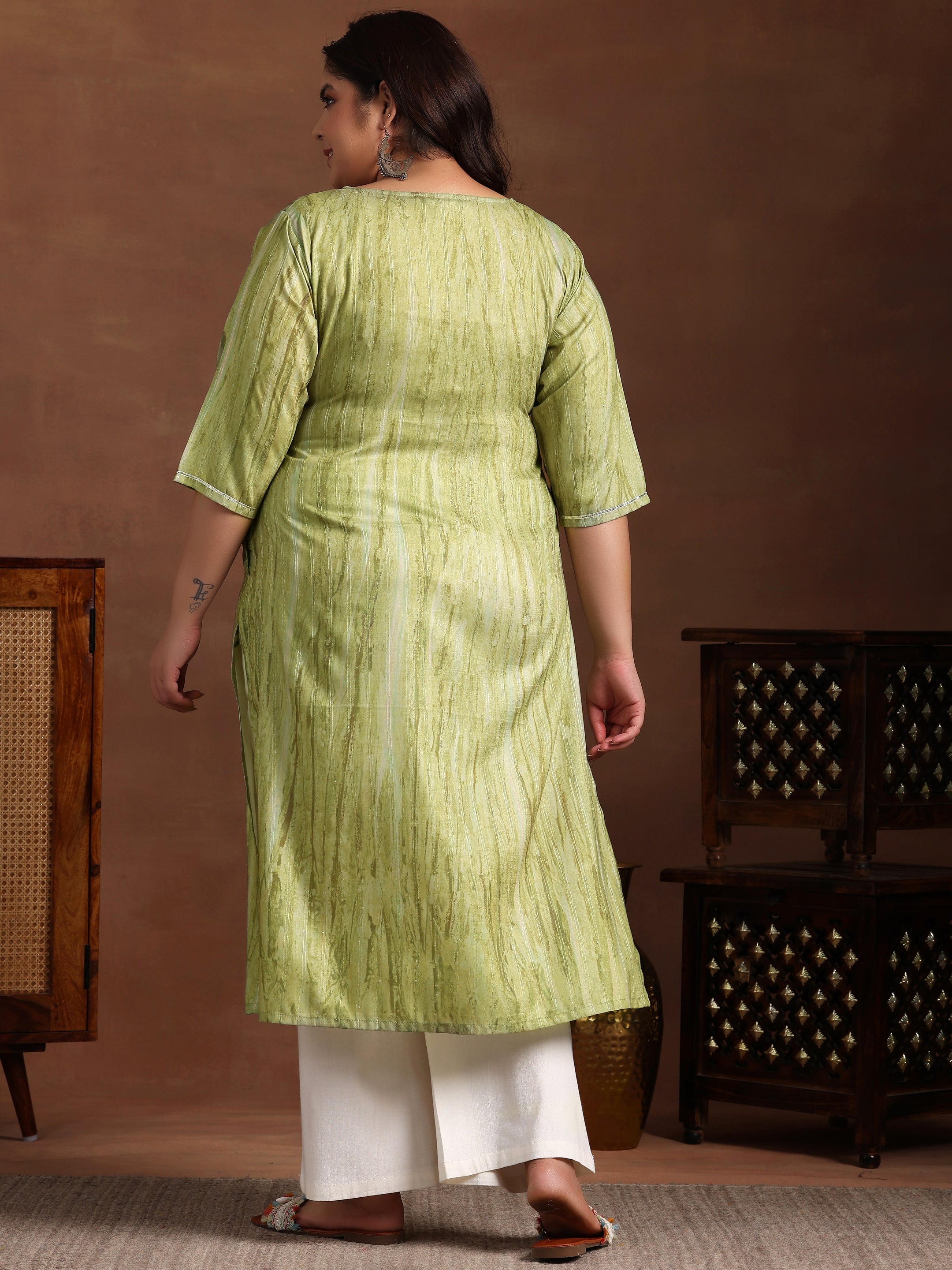 Plus Size Green Yoke Design Cotton Straight Kurta