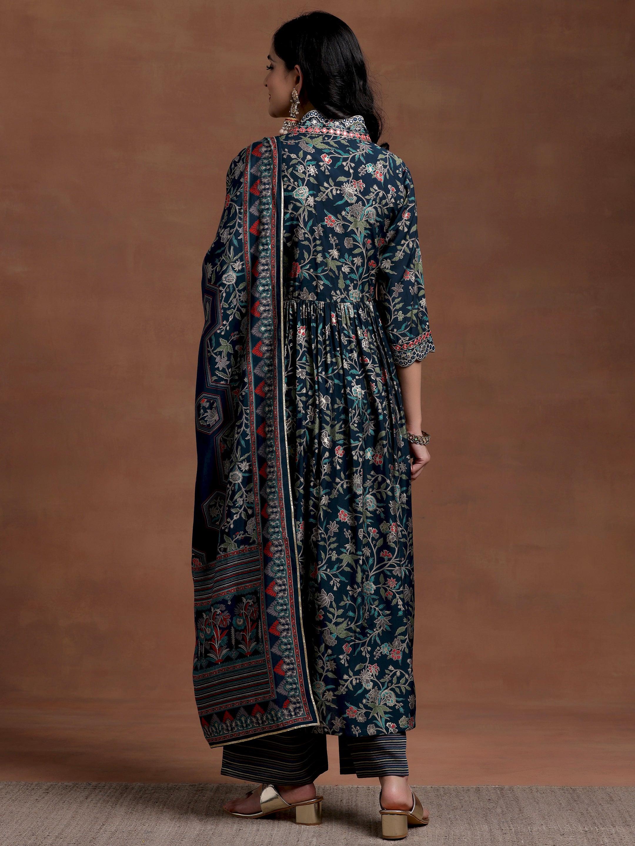 Blue Printed Silk Blend A-Line Kurta With Palazzos & Dupatta