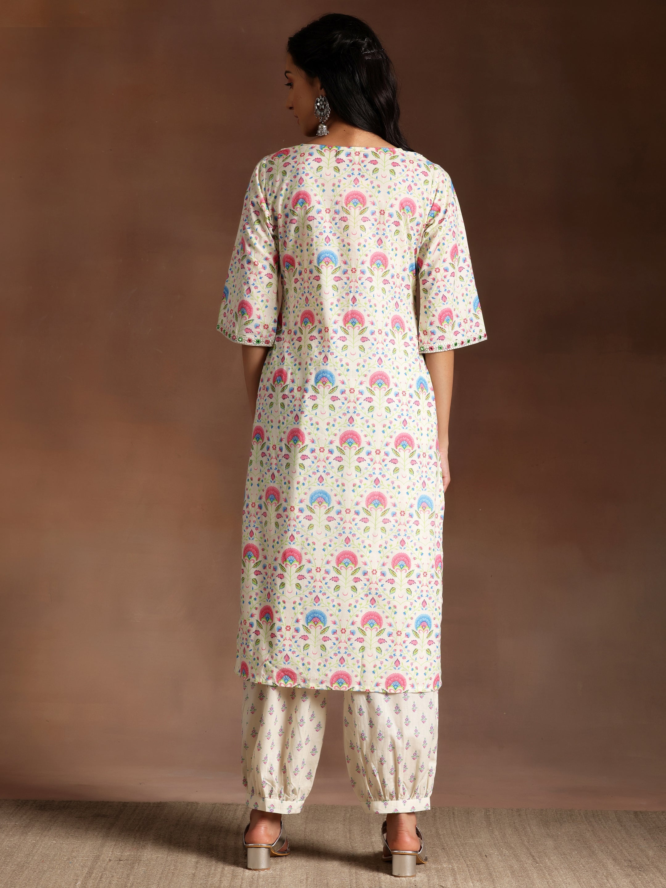 Off White Printed Cotton Straight Kurta Set