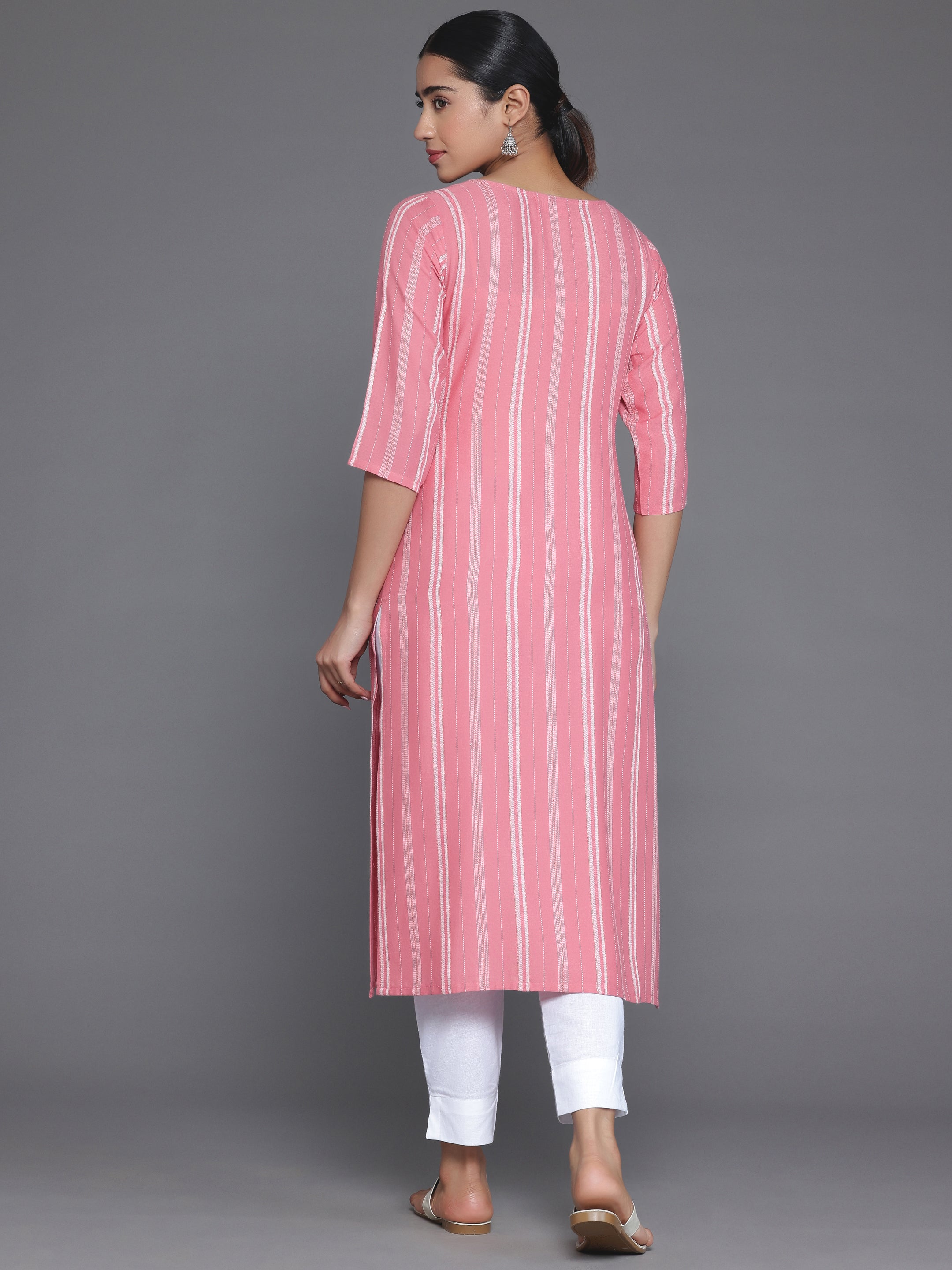 Pink Woven Design Rayon Straight Kurta