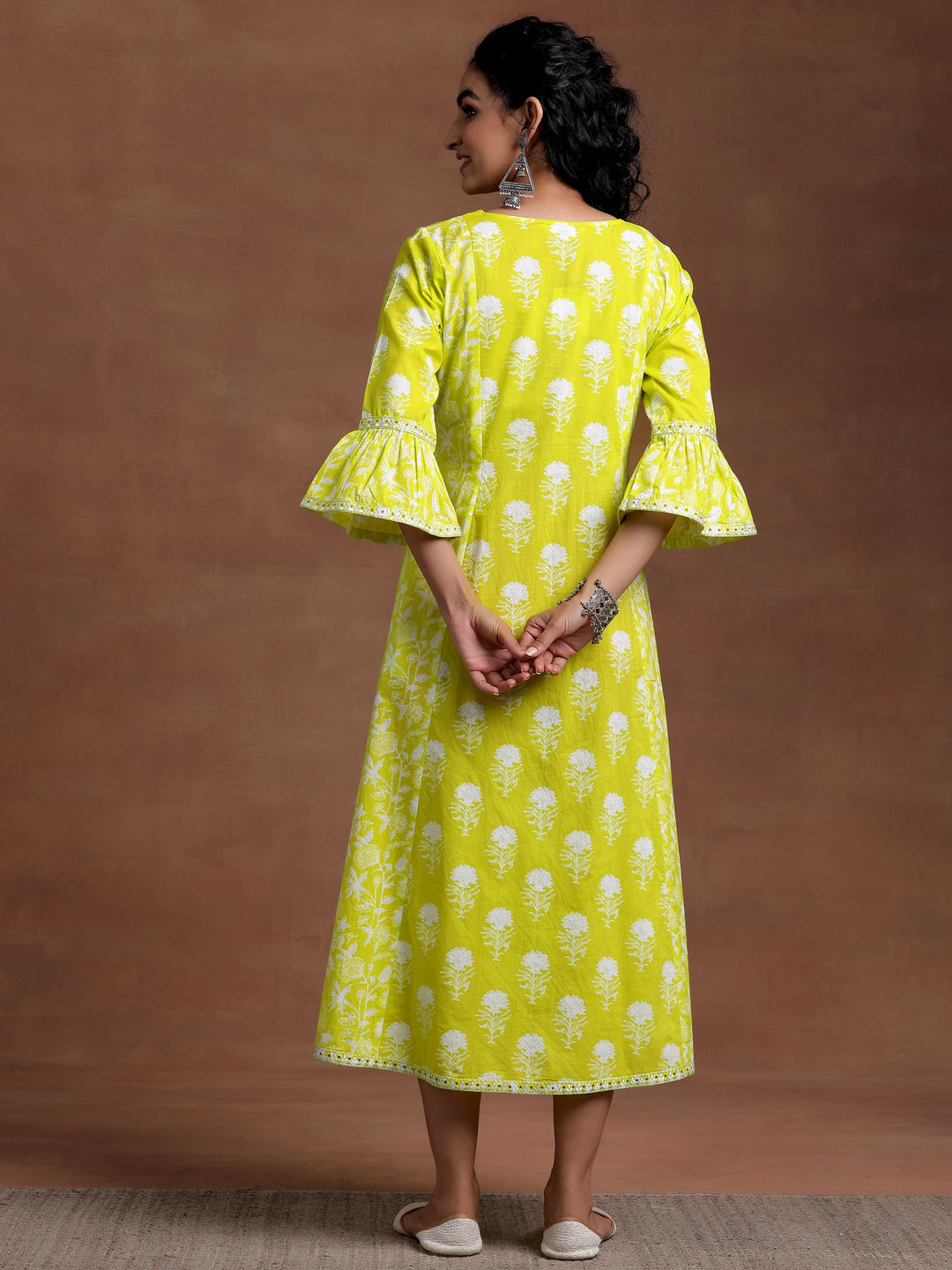 Neon Green Printed Cotton A-Line Dress