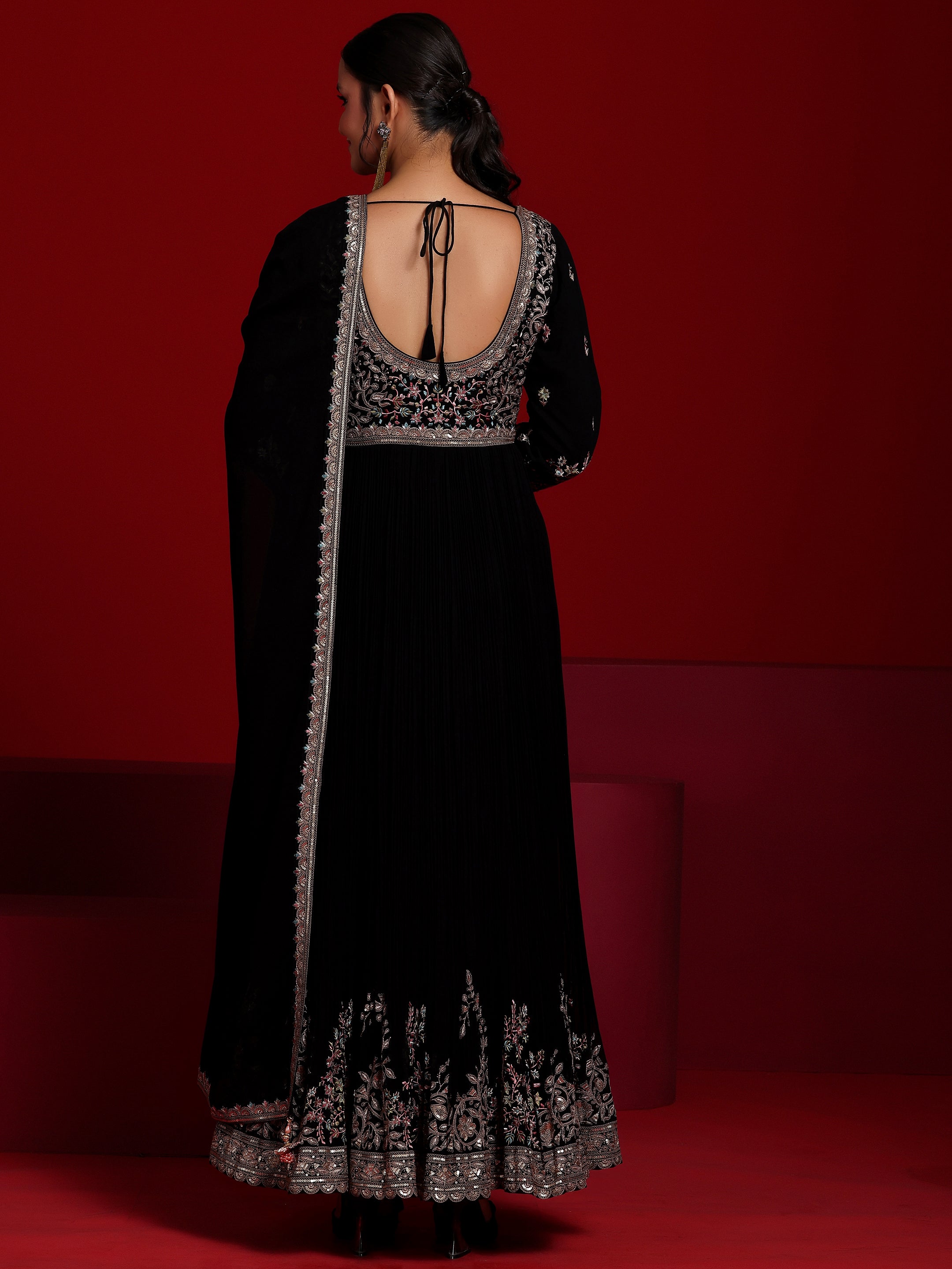 Libas Art Black Embroidered Georgette A-Line Kurta With Trousers & Dupatta