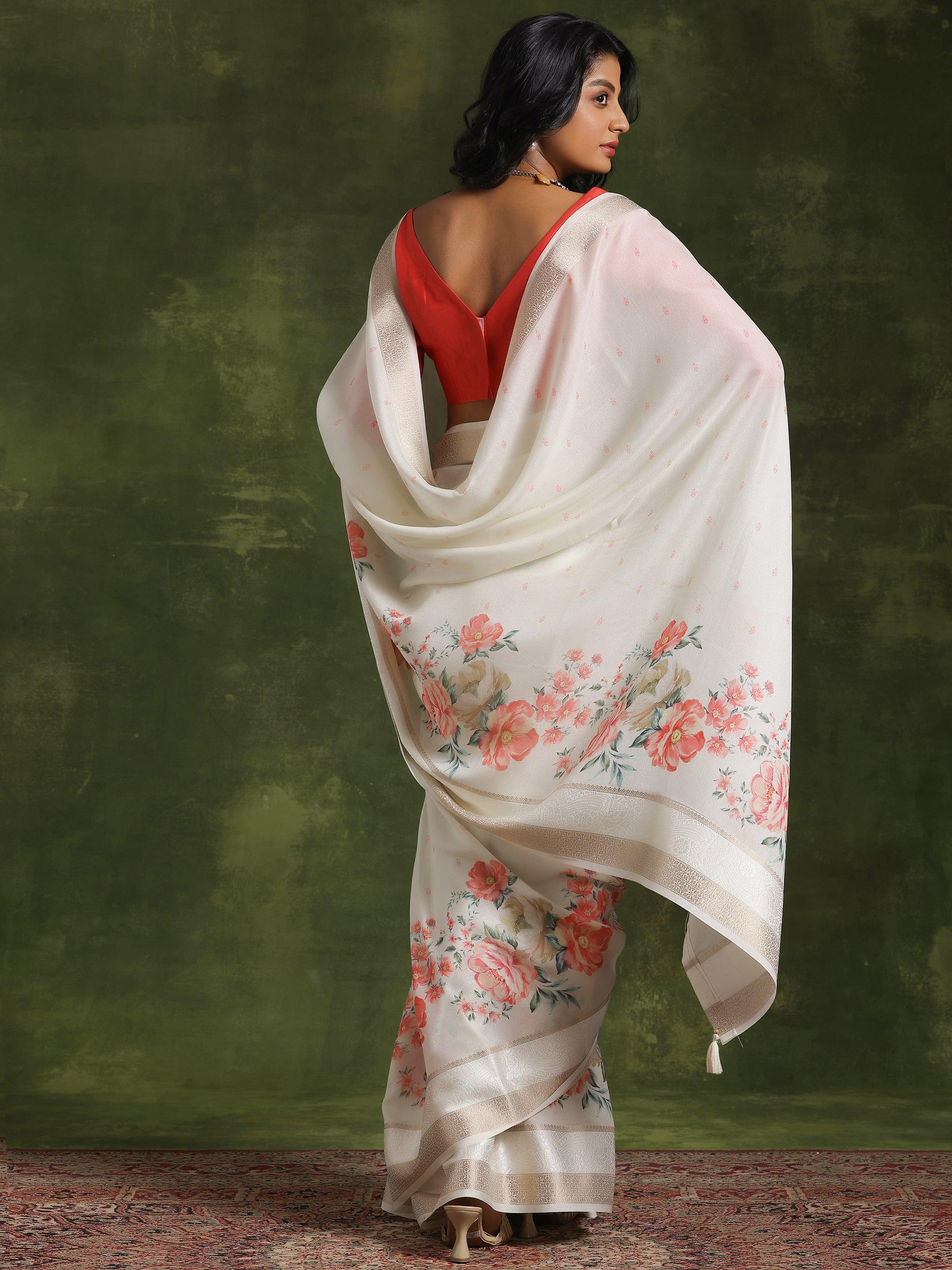 Off White Printed Silk Blend Saree With Unstitched Blouse Piece