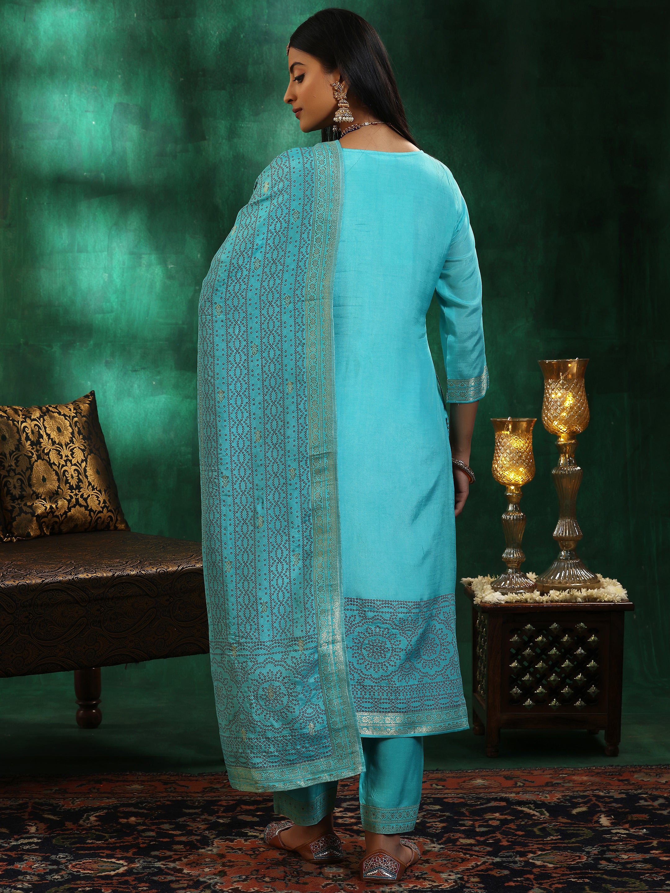 Turquoise Blue Woven Design Silk Blend Straight Suit With Dupatta