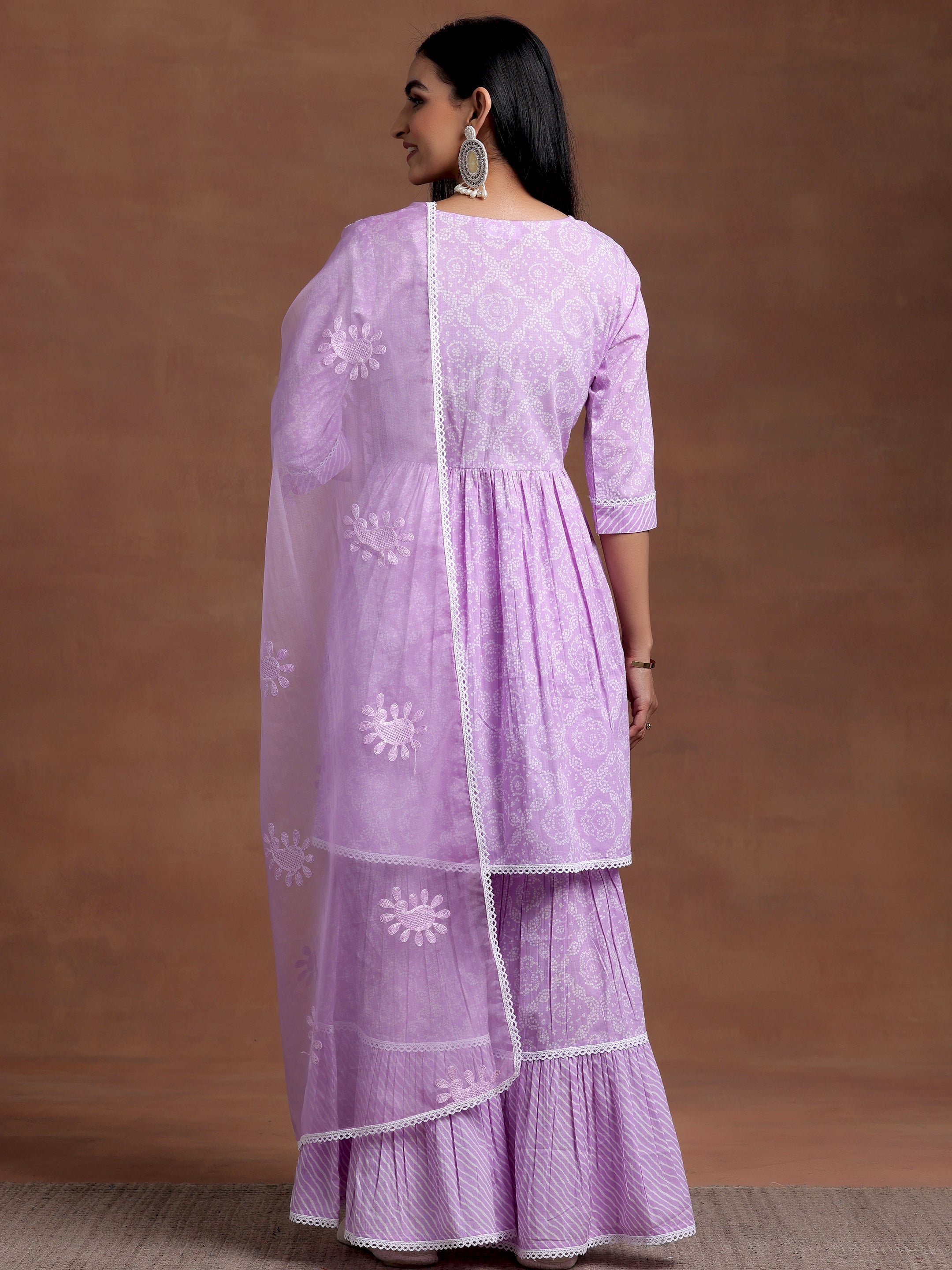 Purple Printed Cotton A-Line Kurta With Sharara & Dupatta