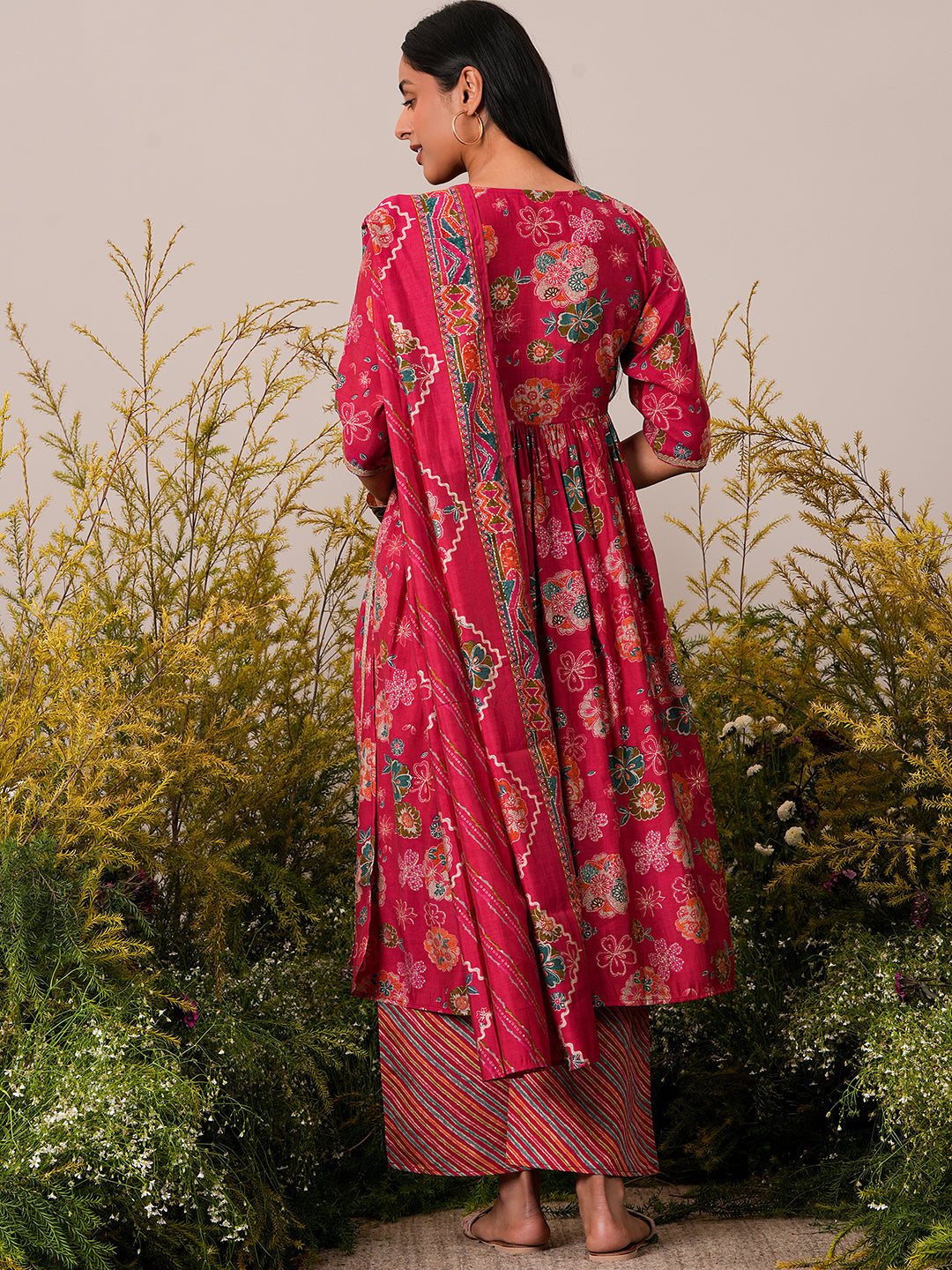 Pink Printed Silk Blend A-Line Kurta With Palazzos & Dupatta