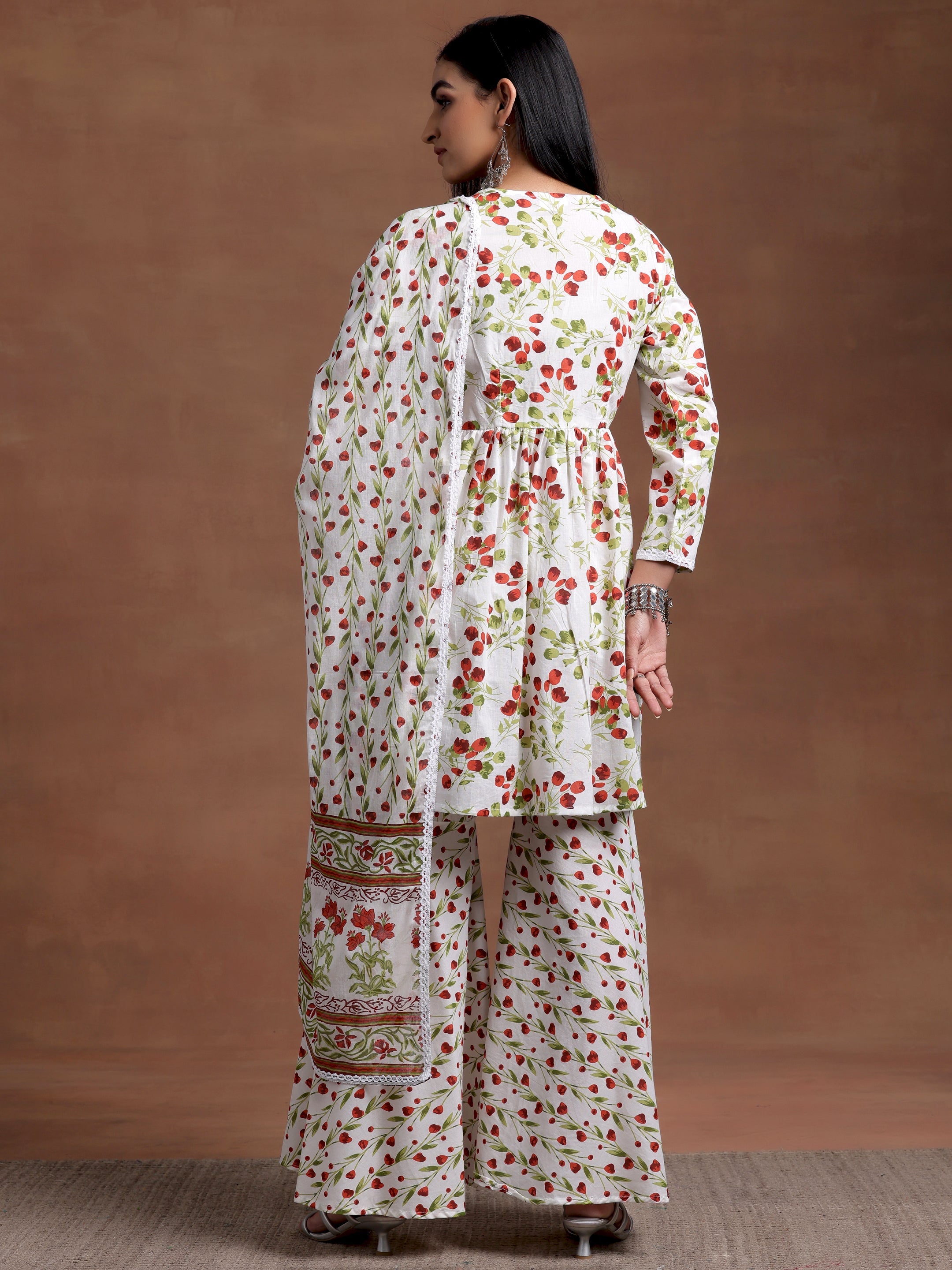 Off White Printed Cotton A-Line Kurta With Sharara & Dupatta