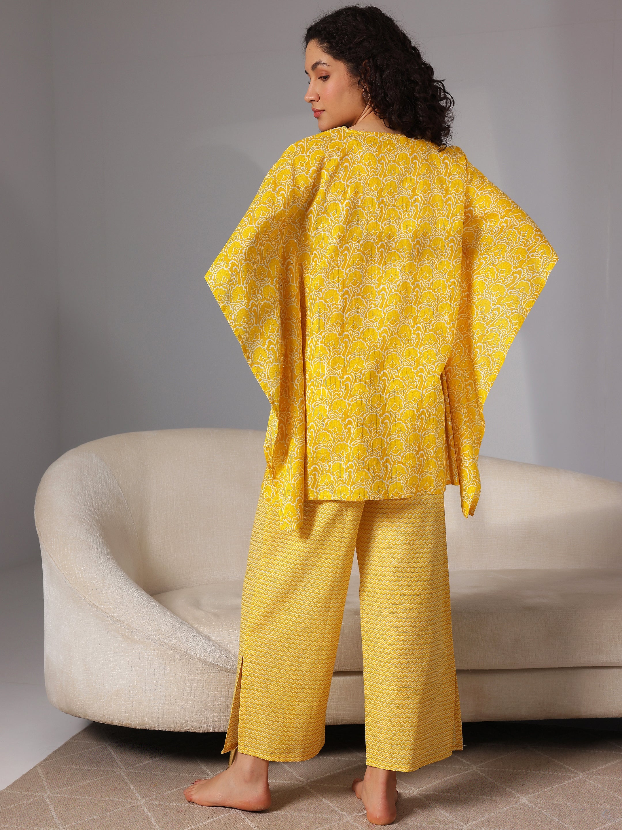 Yellow Printed Cotton Night Suits