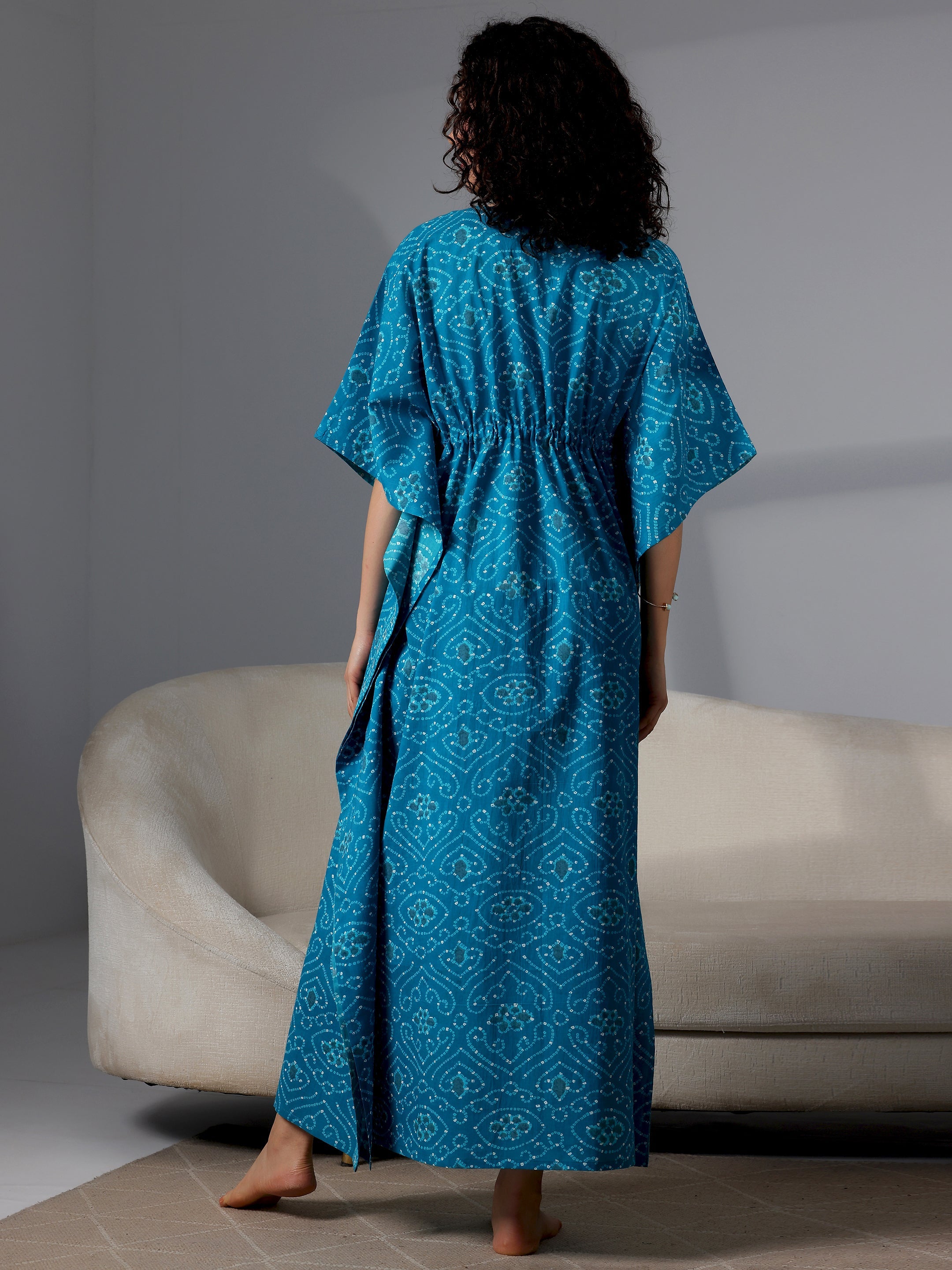 Blue Printed Cotton Kaftan Night Dress