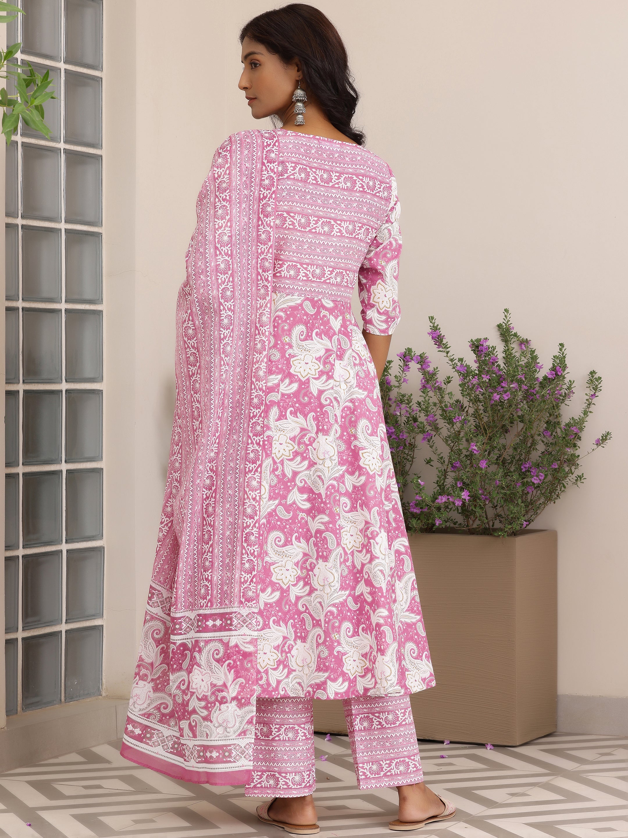 Pink Printed Cotton Anarkali Suit With Dupatta