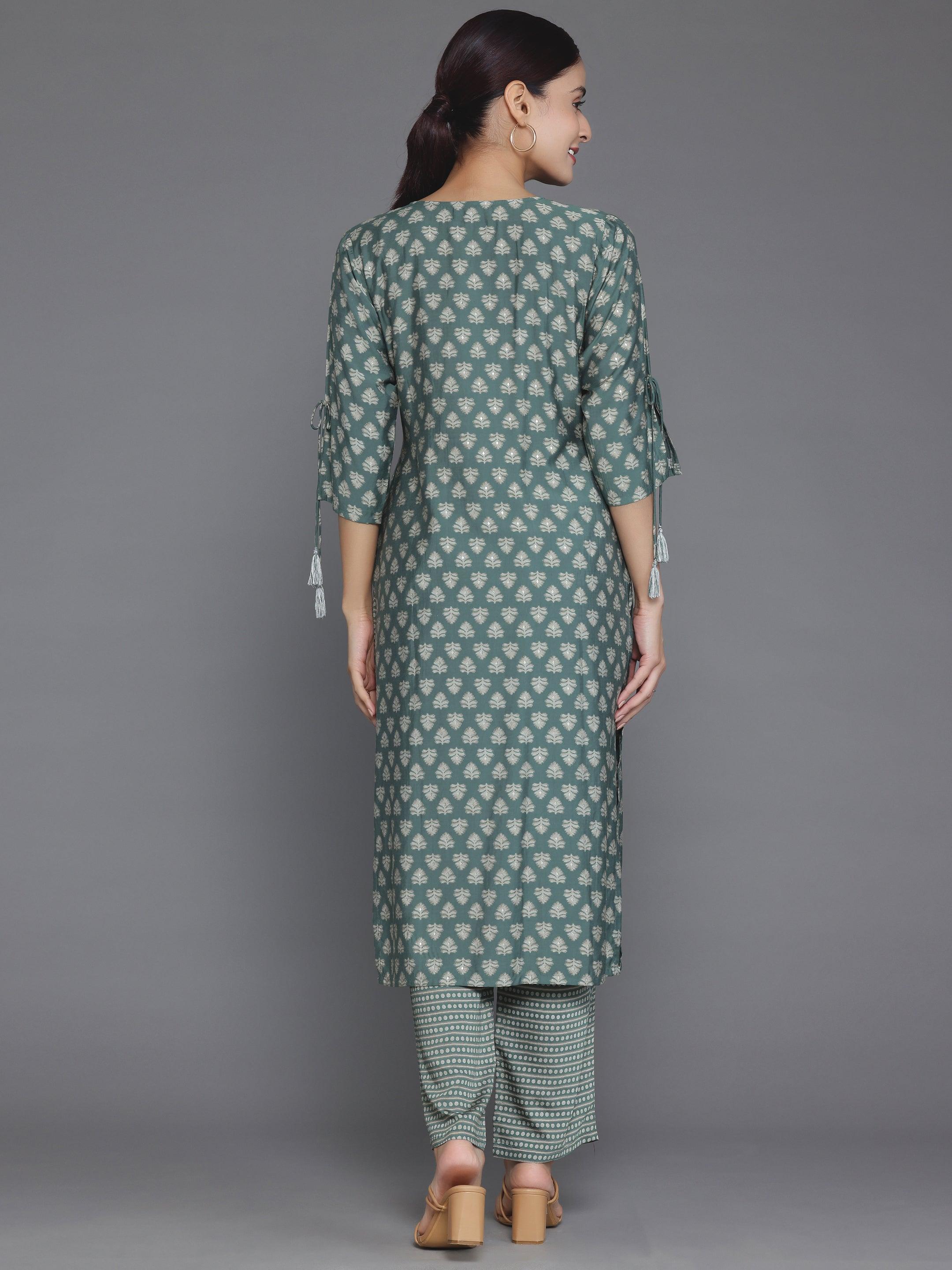 Green Printed Silk Blend Straight Kurta Set