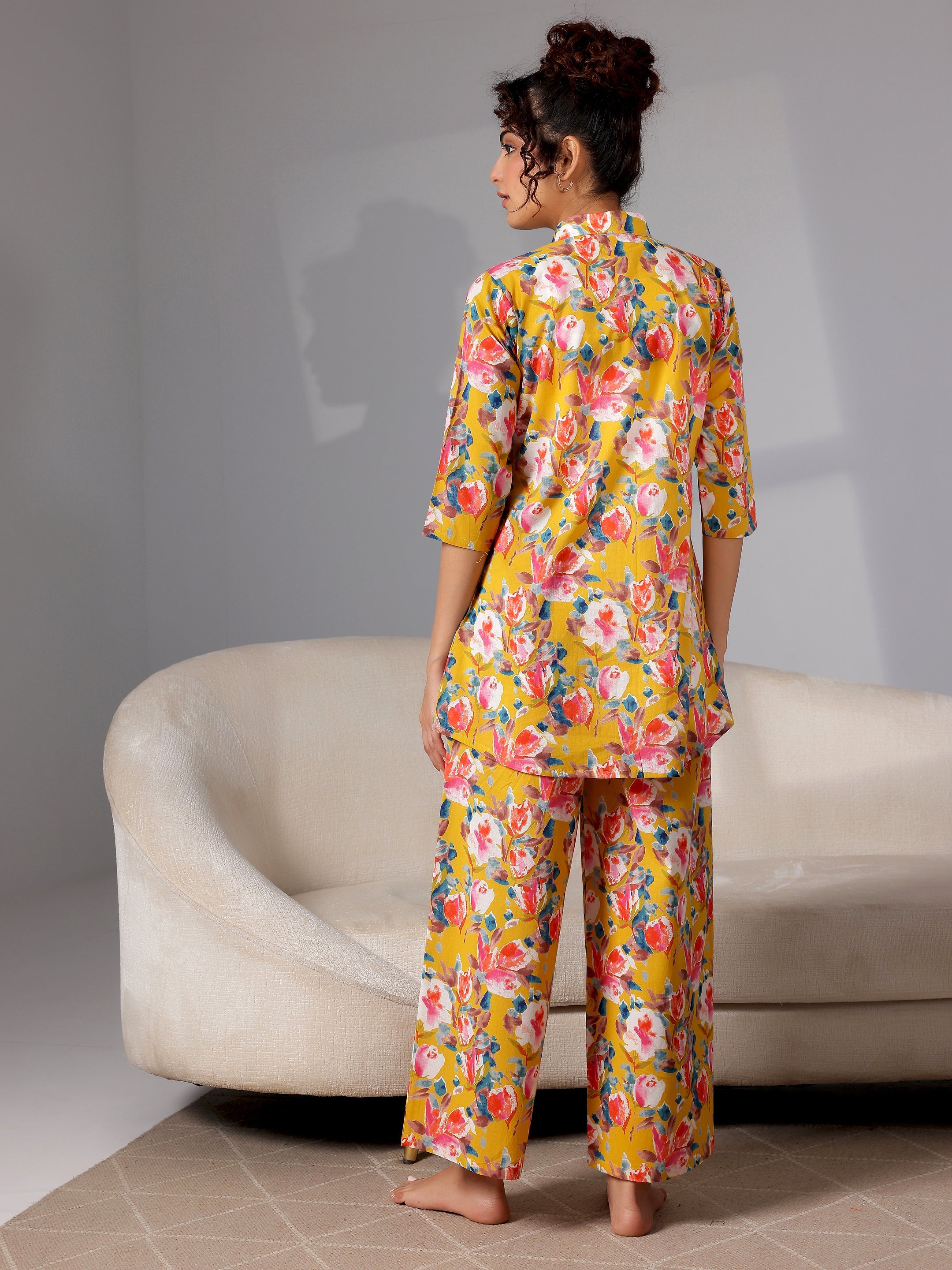 Mustard Printed Cotton Night Suits