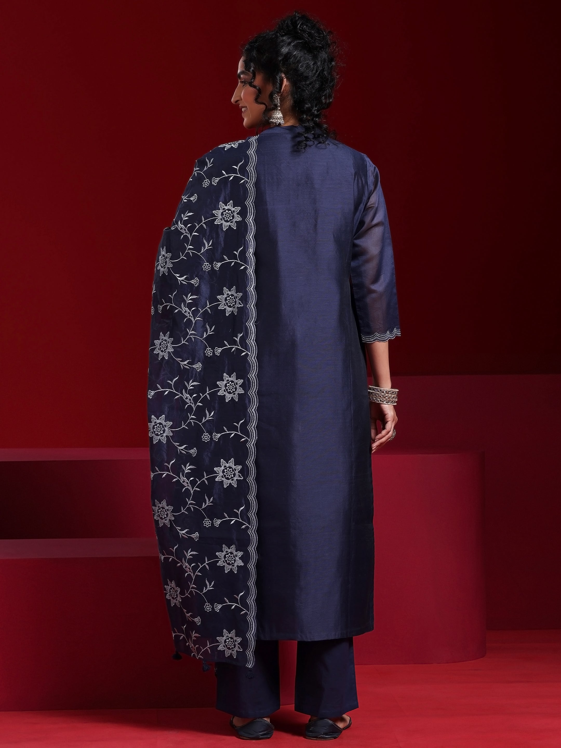 Libas Art Blue Embroidered Chanderi Silk Straight Suit With Dupatta