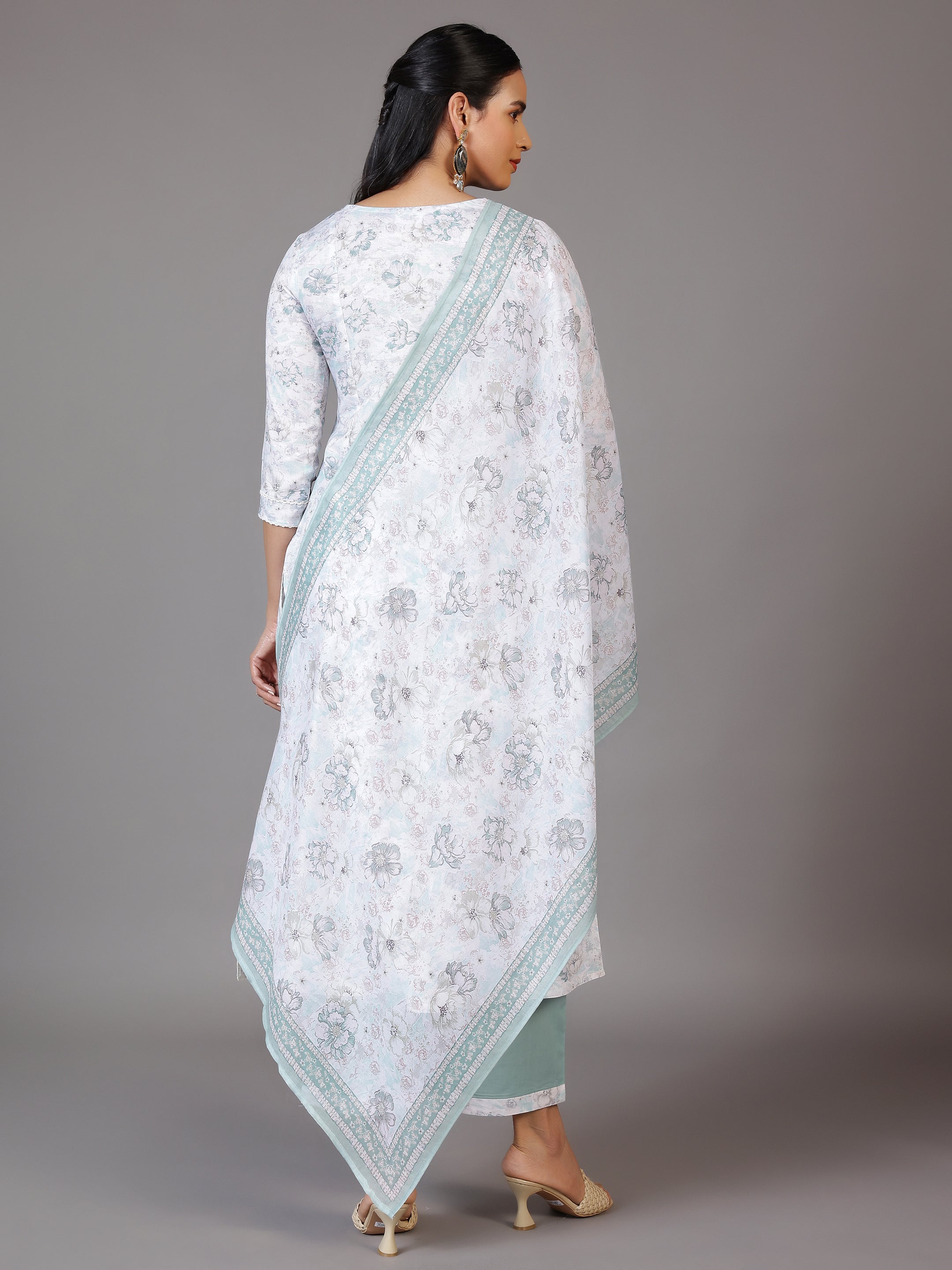 Off White Printed Cotton Blend A-Line Kurta With Palazzos & Dupatta