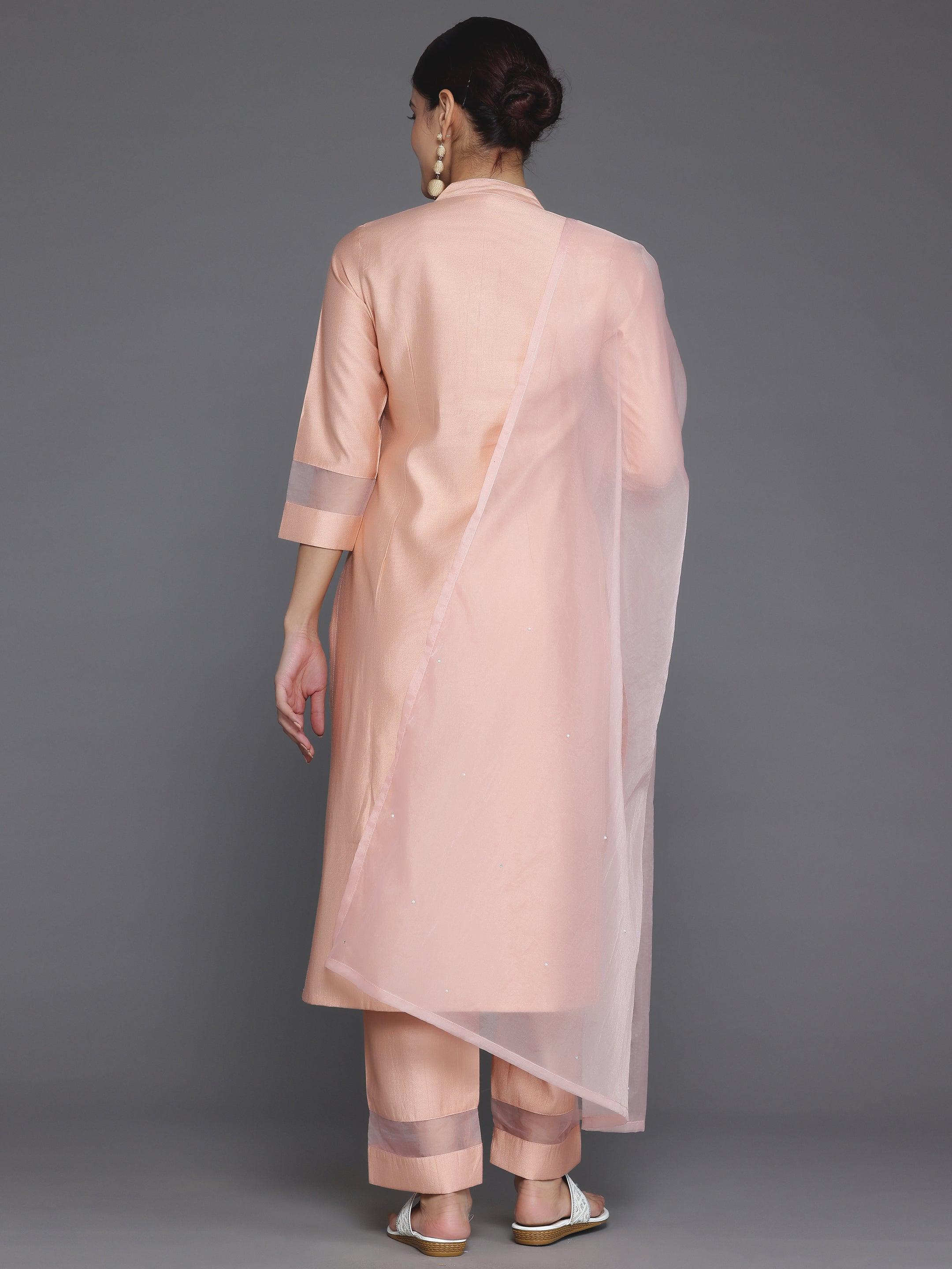 Peach Solid Silk Blend Straight Suit With Dupatta