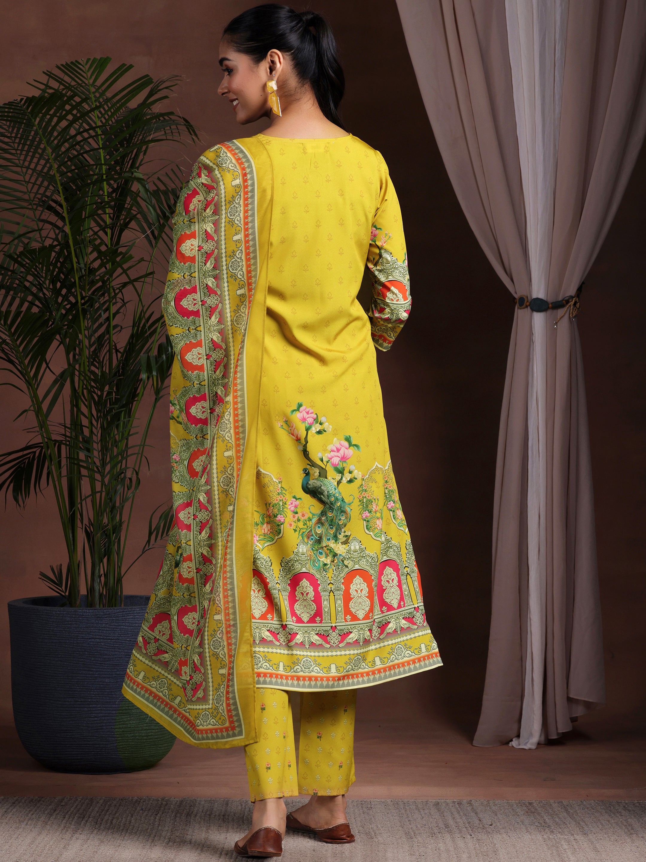 Mustard Printed Poly Crepe Straight Suit With Dupatta