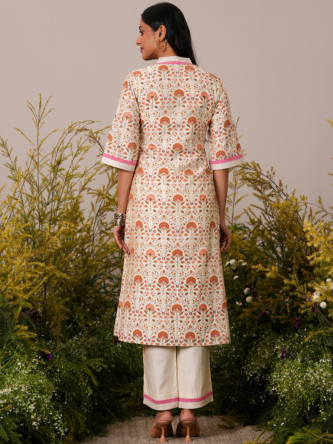 Beige Printed Chanderi Silk A-Line Kurta With Palazzos