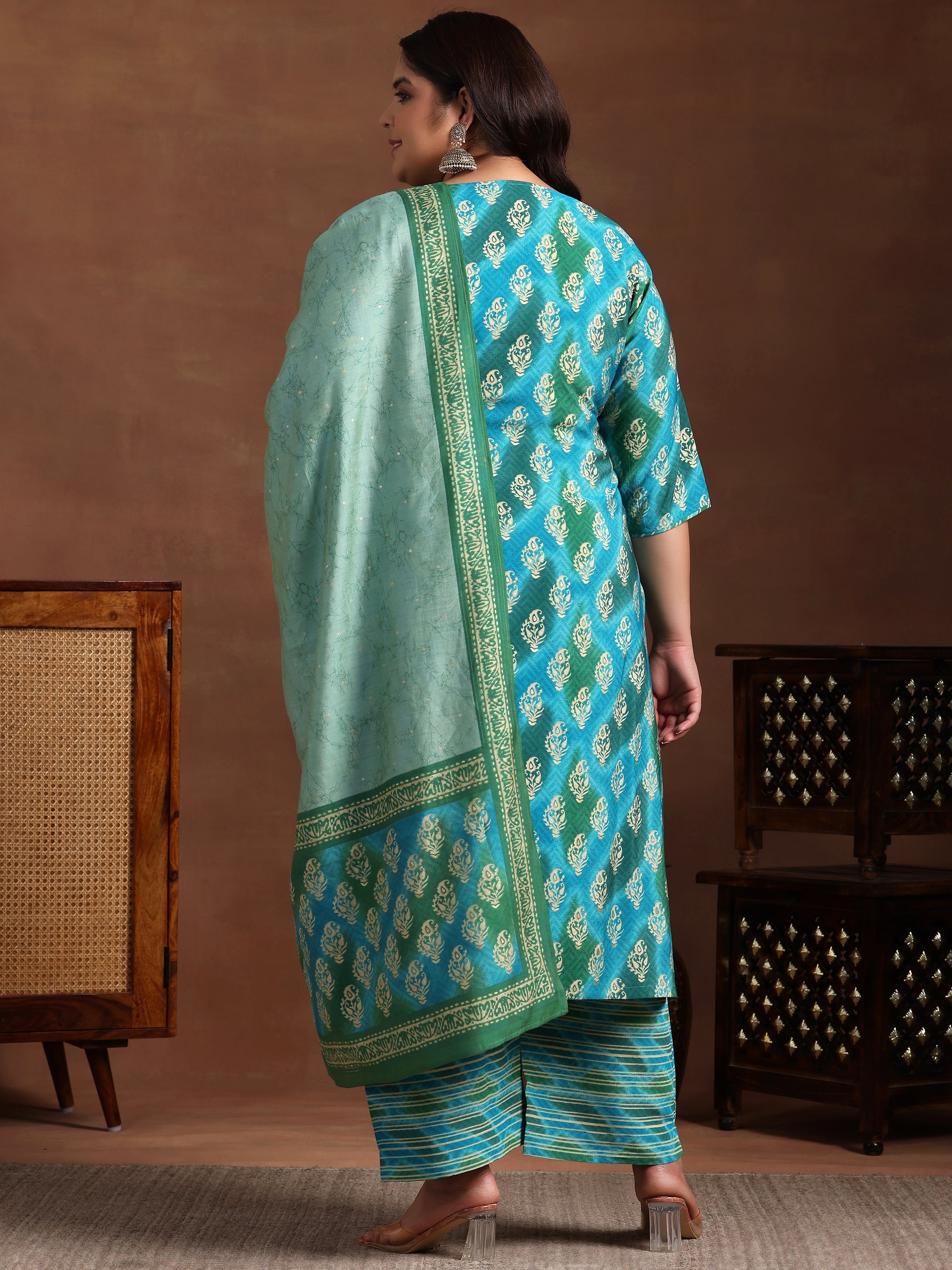 Plus Size Blue Printed Silk Blend Straight Suit With Dupatta