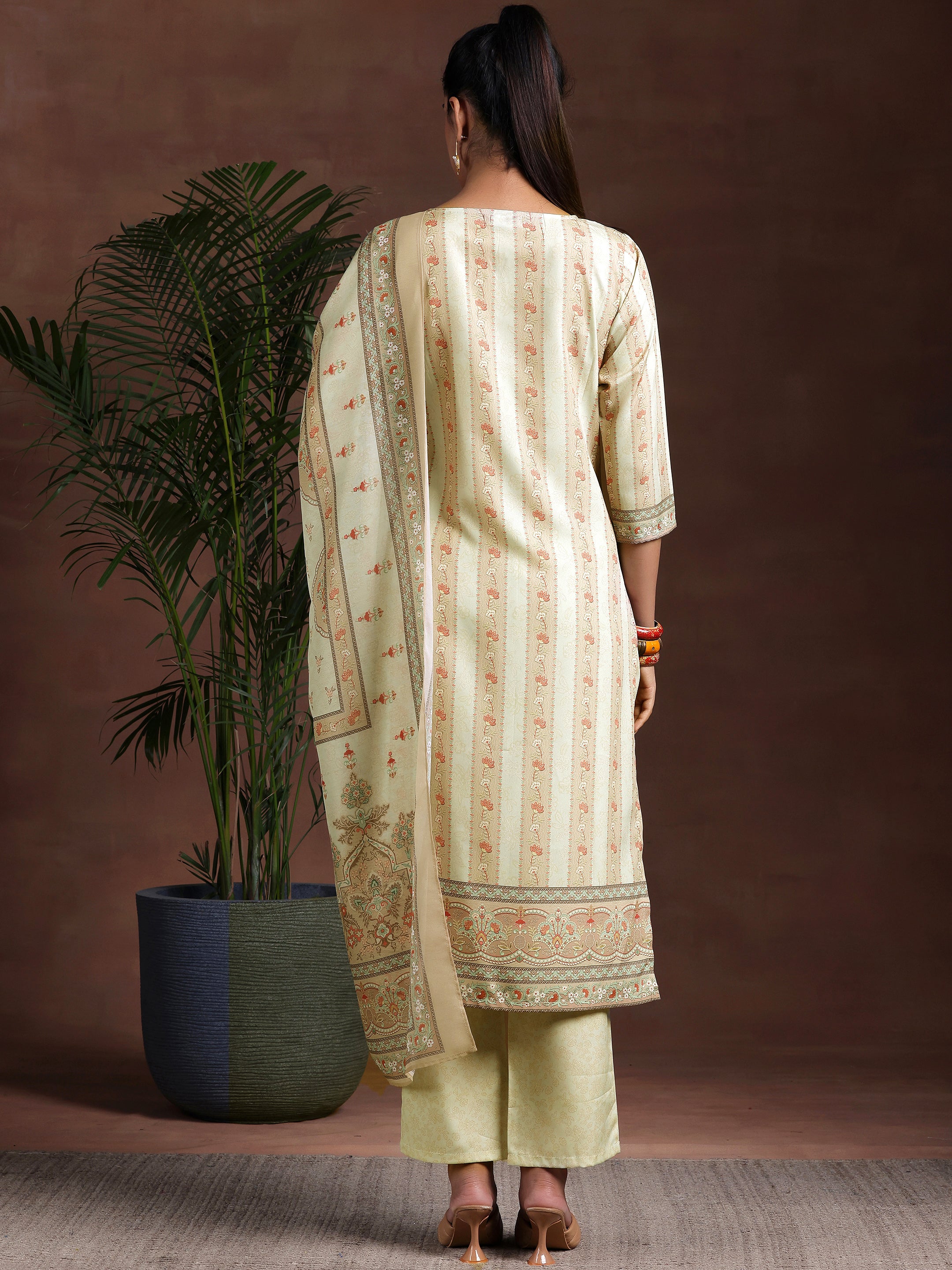 Beige Printed Poly Crepe Straight Suit With Dupatta