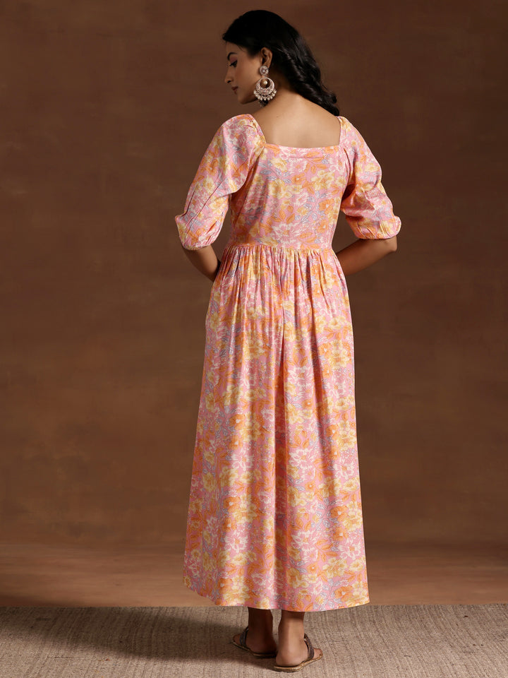 Peach Printed Rayon Fit and Flare Dress