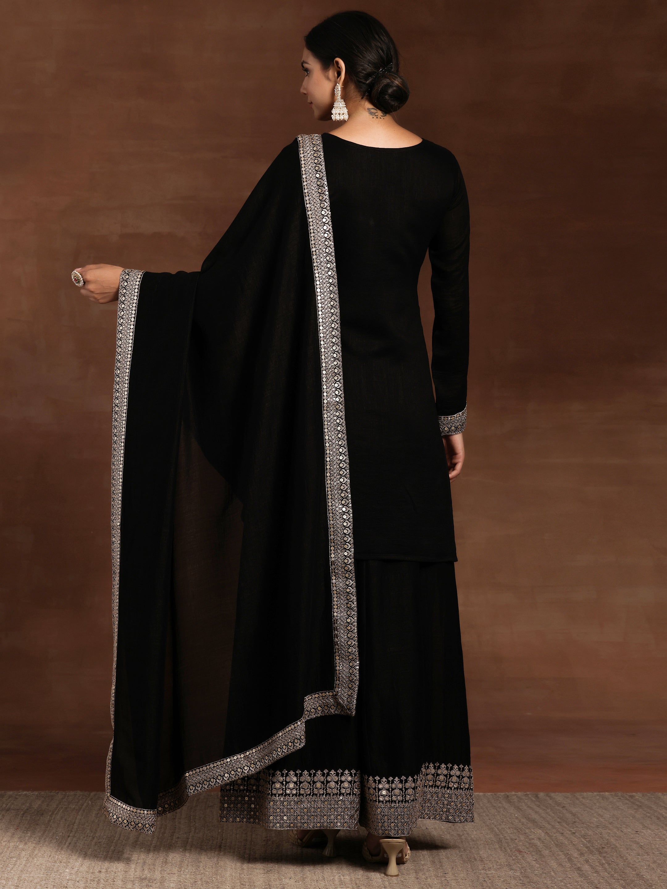 Black Embroidered Silk Blend Straight Suit With Dupatta