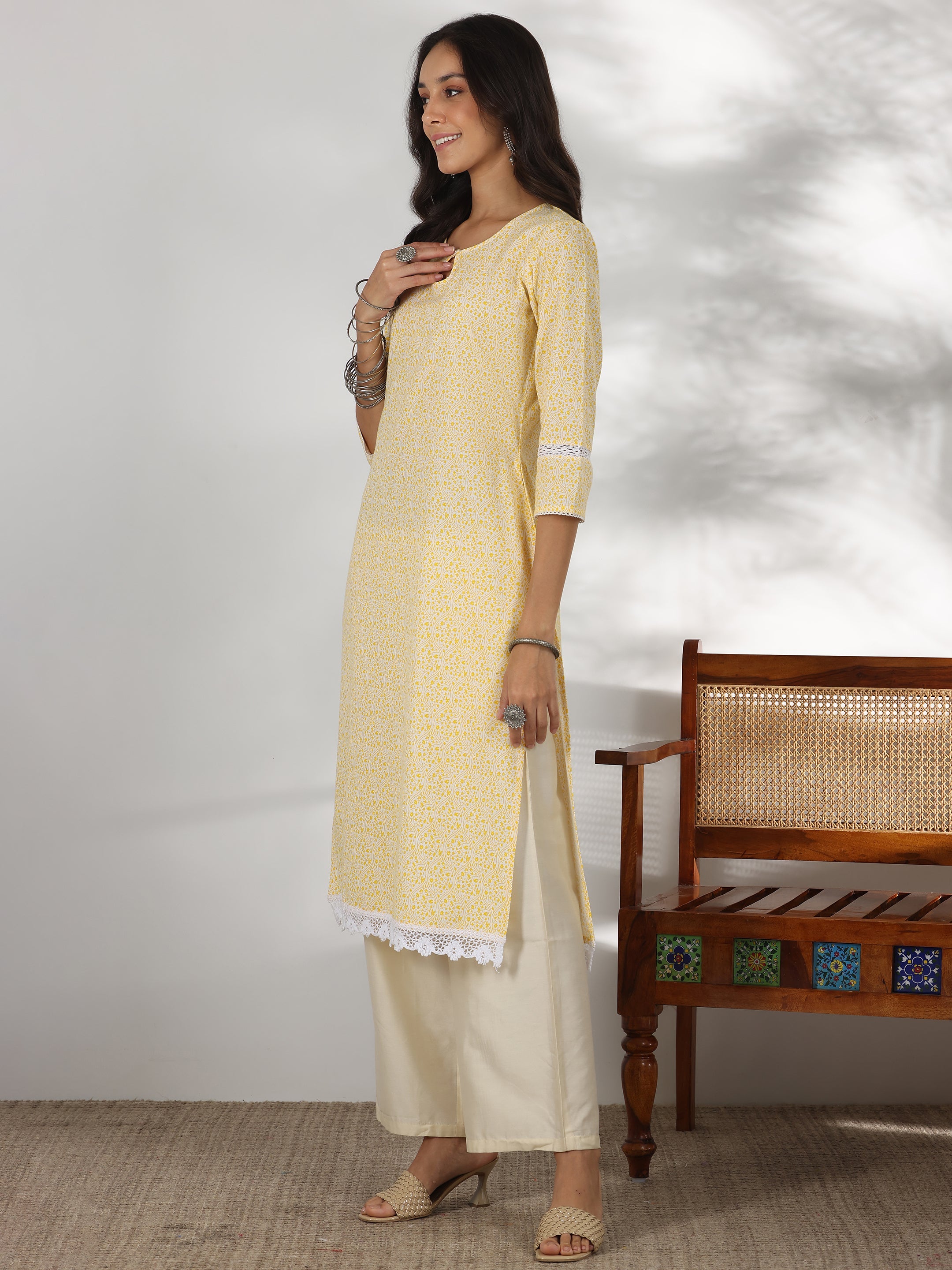 Yellow Printed Cotton Straight Kurta