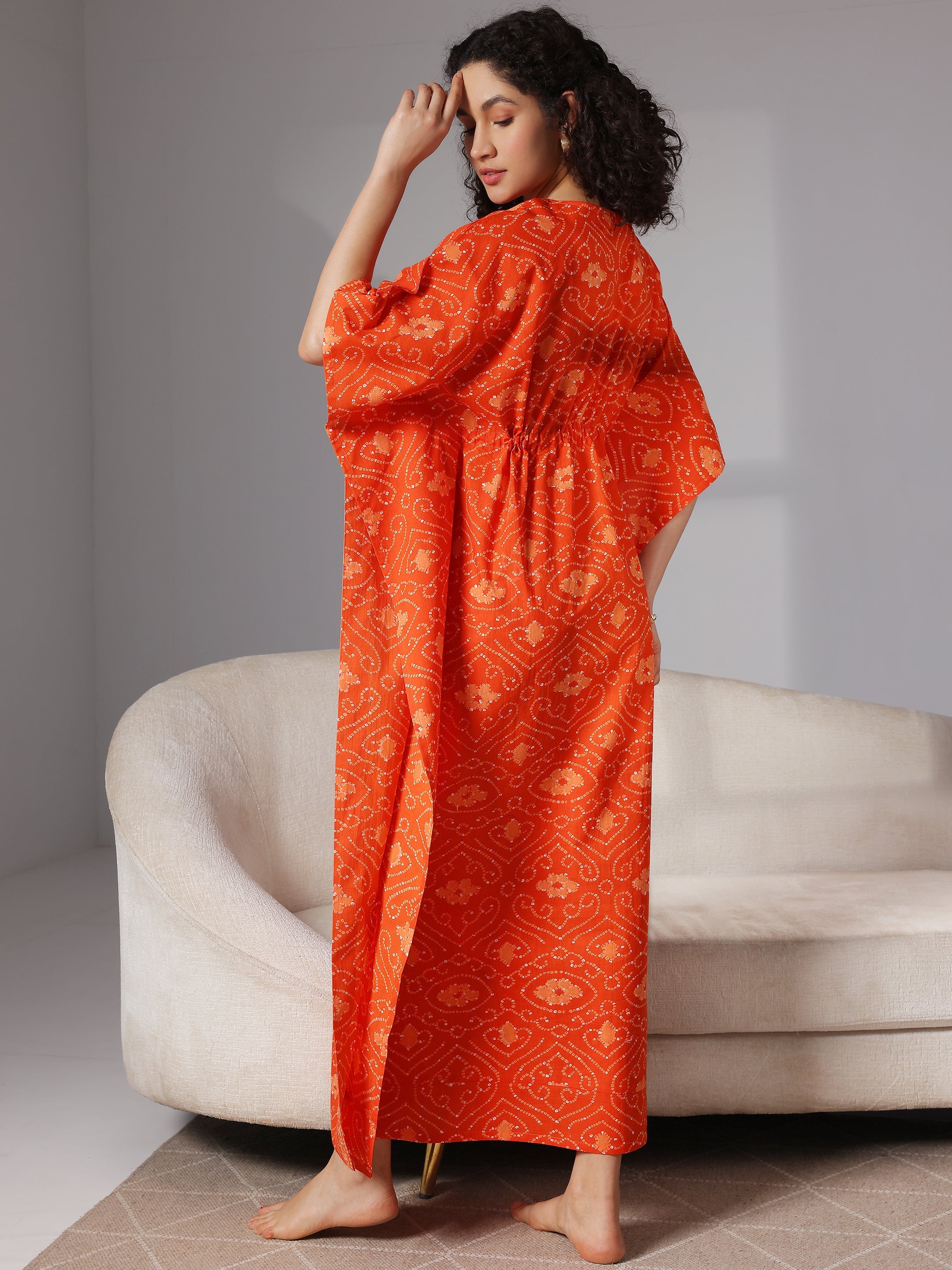 Orange Printed Cotton Kaftan Night Dress