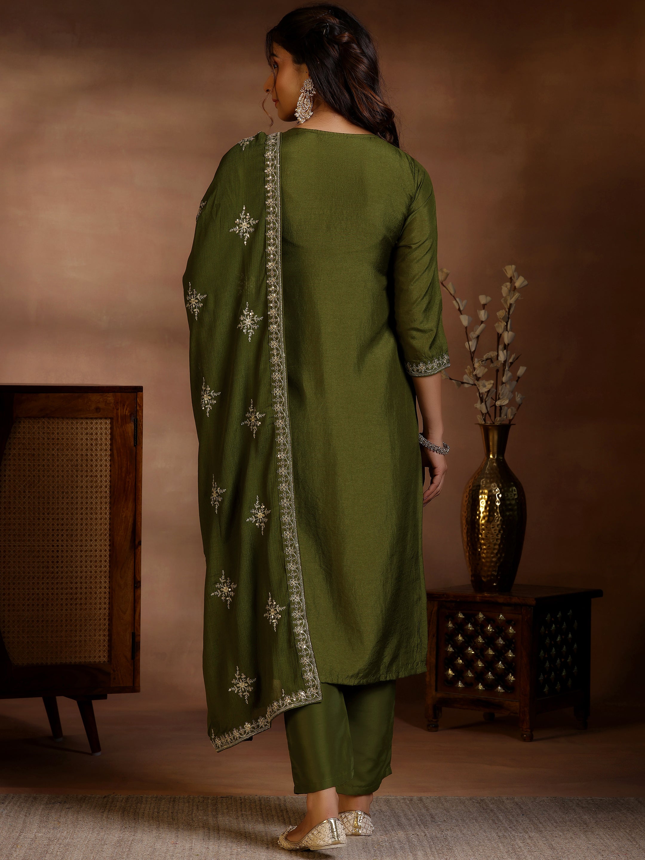 Olive Woven Design Silk Blend Straight Suit With Dupatta