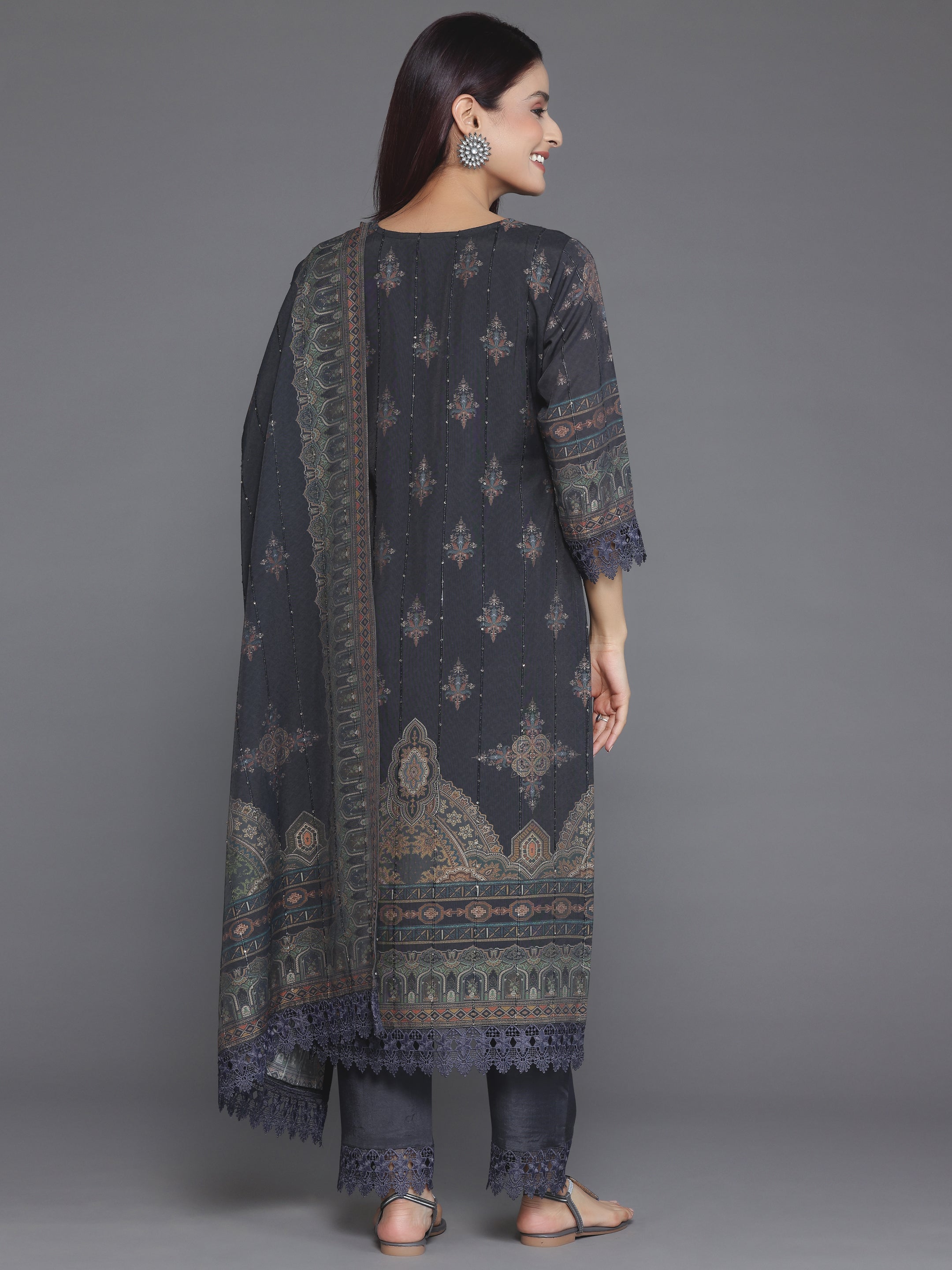 Grey Printed Silk Blend Straight Suit With Dupatta