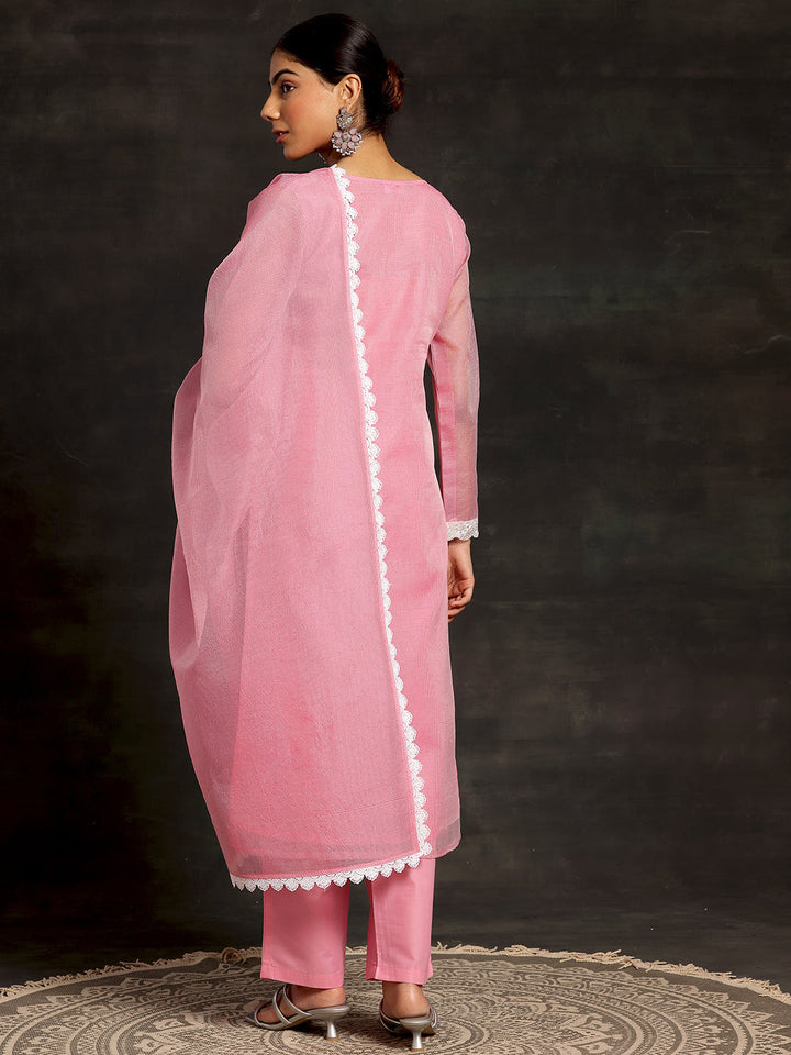 Pink Embroidered Cotton Straight Suit With Dupatta