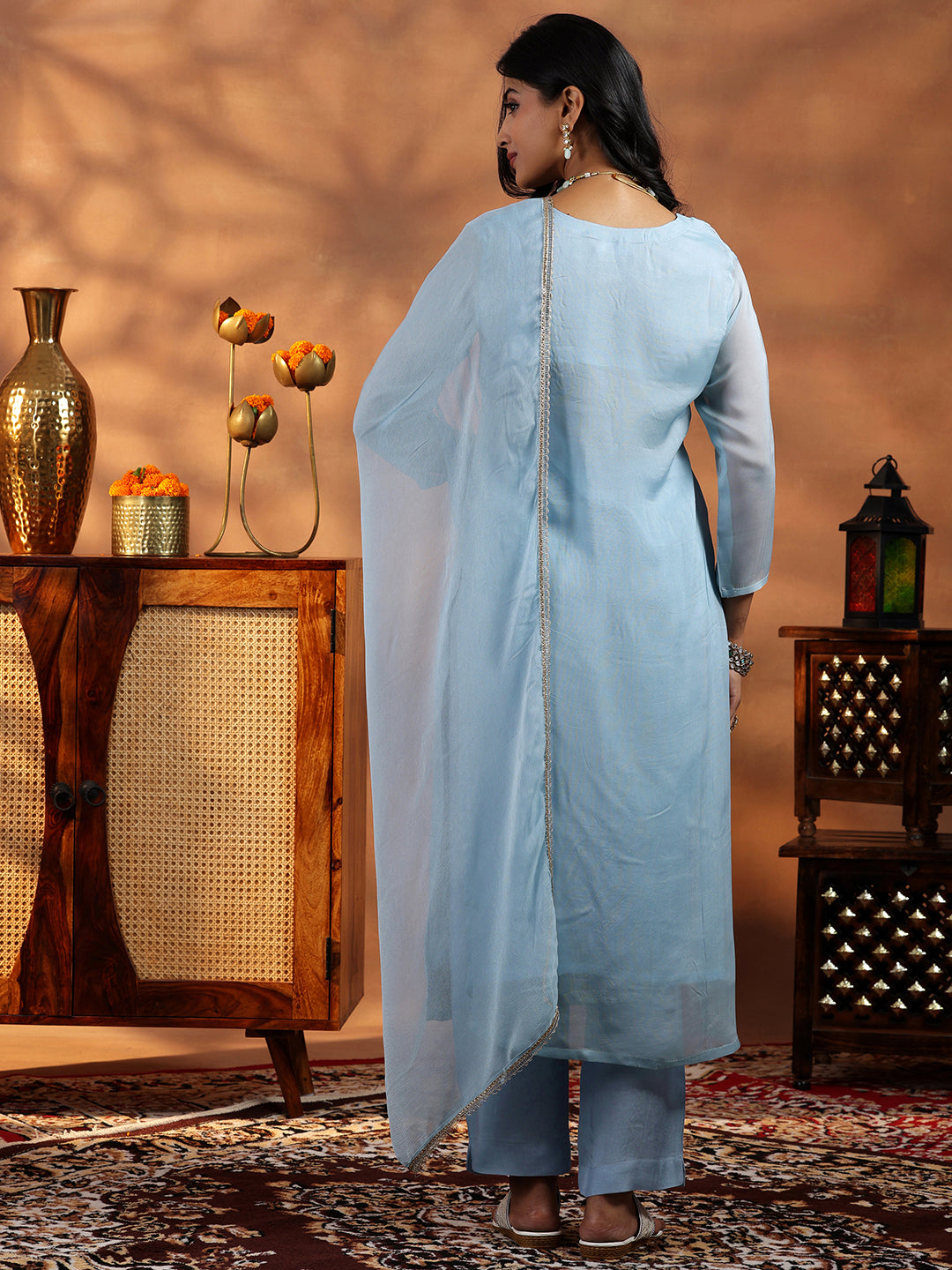 Blue Embroidered Organza Straight Suit With Dupatta