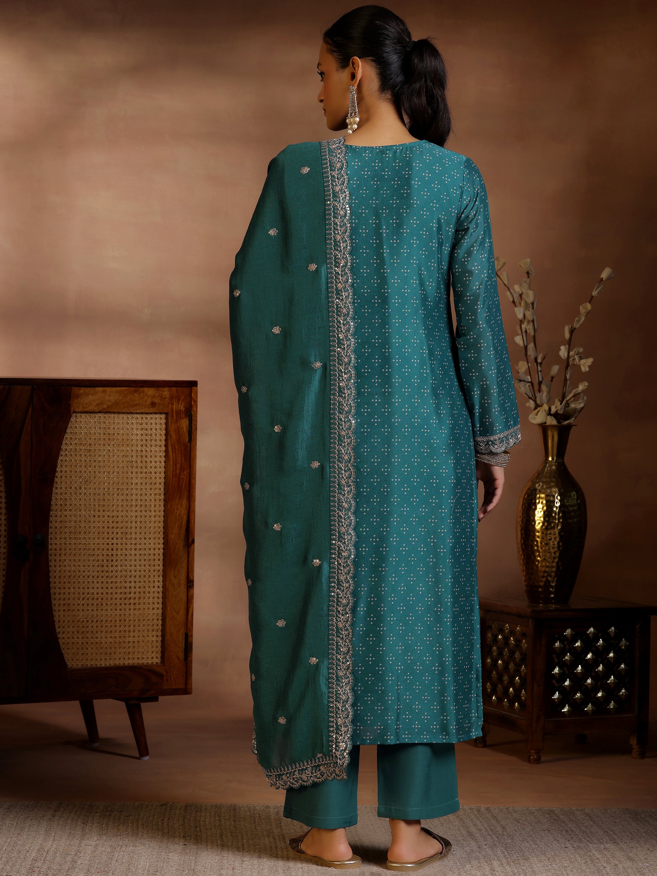 Green Printed Silk Blend Straight Suit With Dupatta