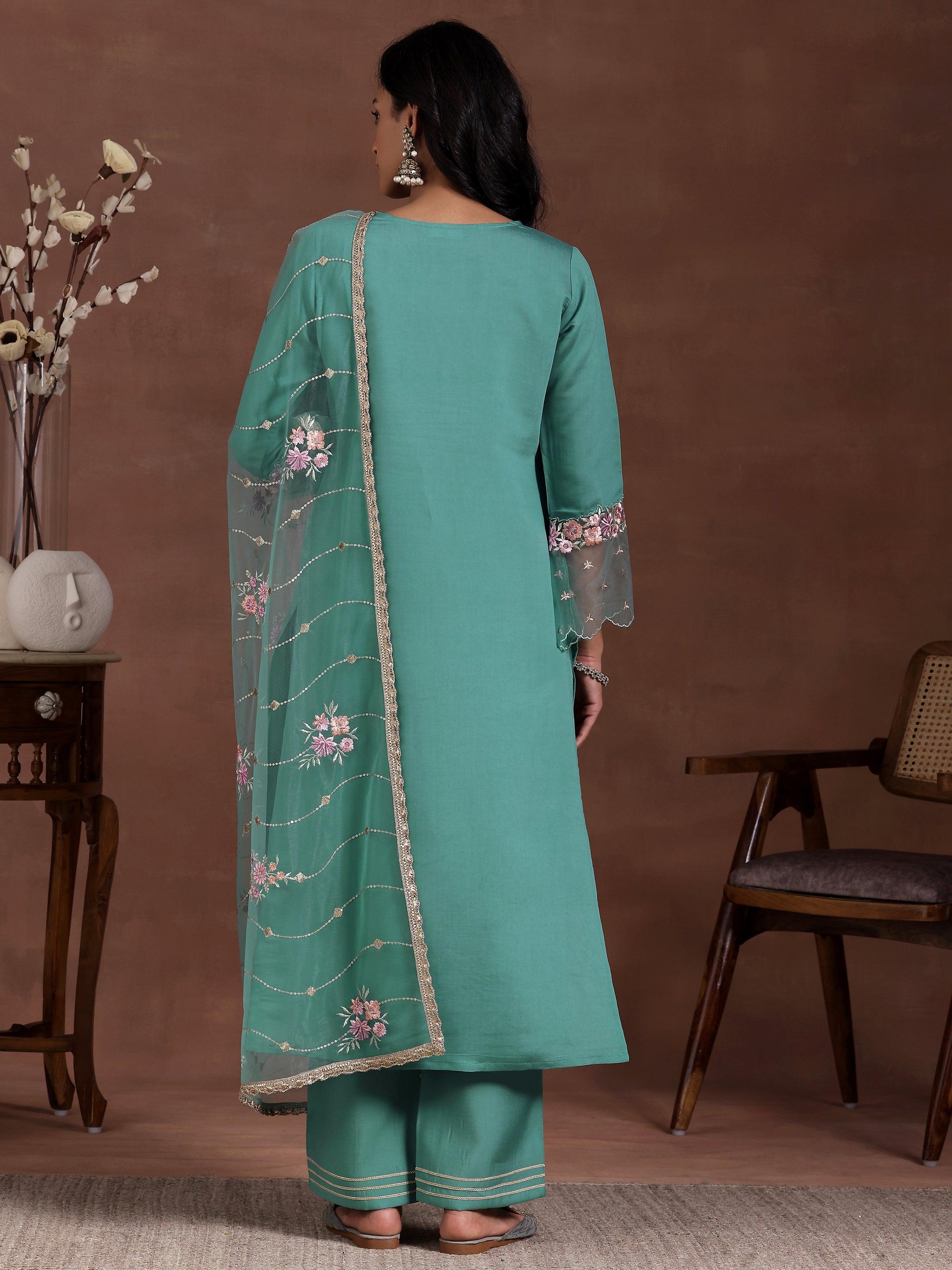 Green Yoke Design Silk Blend Straight Suit With Dupatta