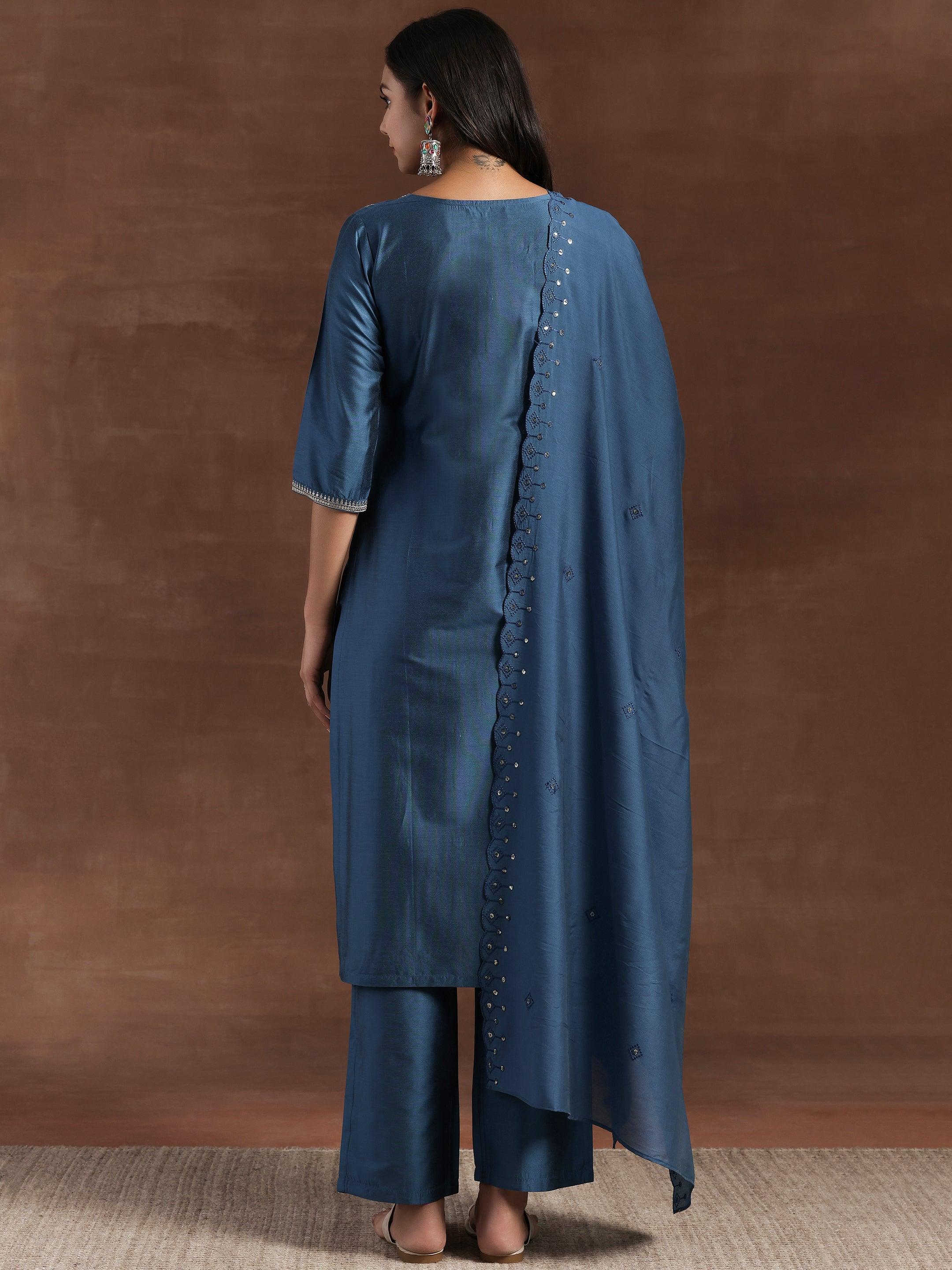 Blue Embroidered Silk Blend Straight Suit With Dupatta