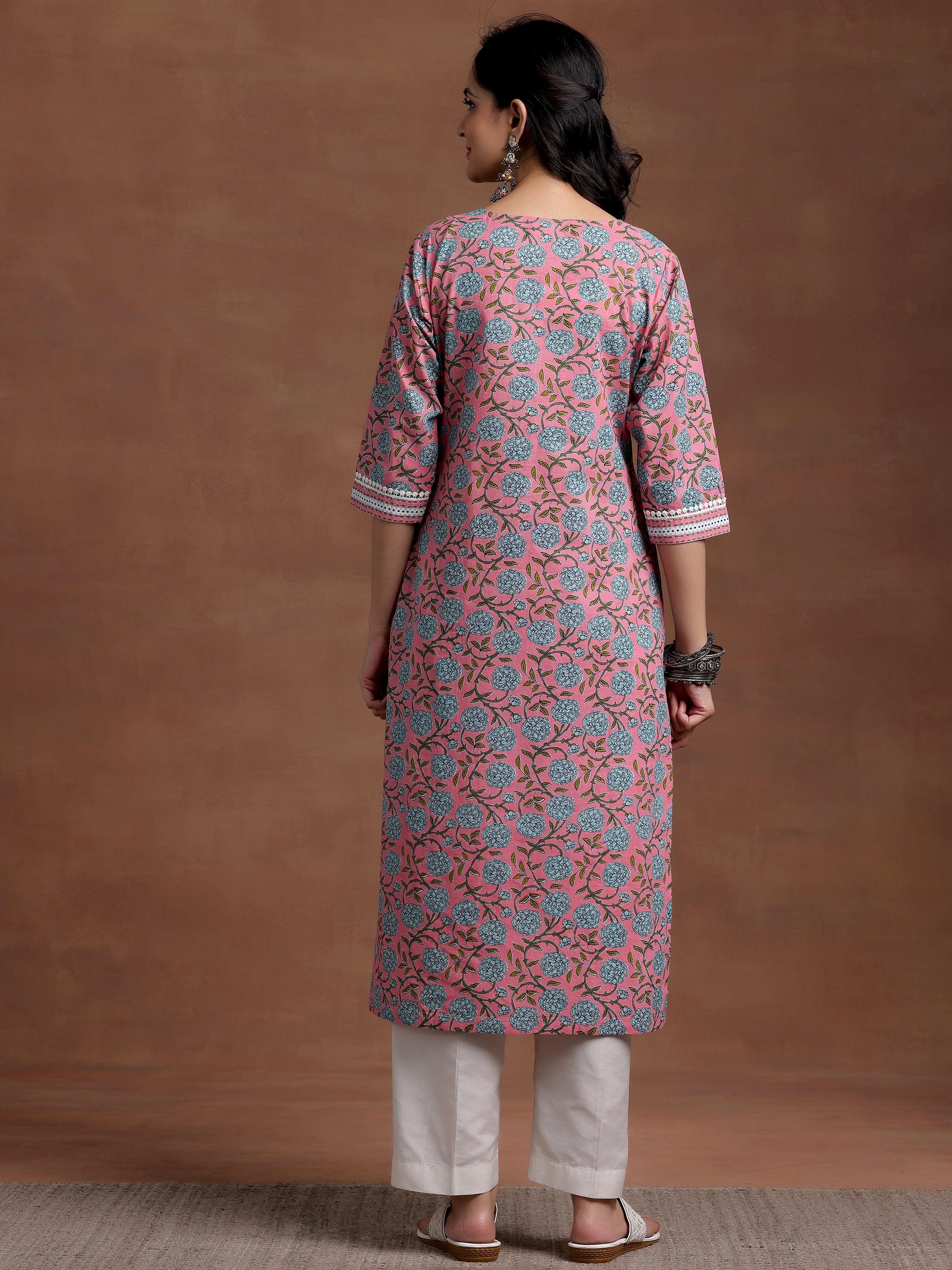 Pink Printed Cotton Straight Kurta