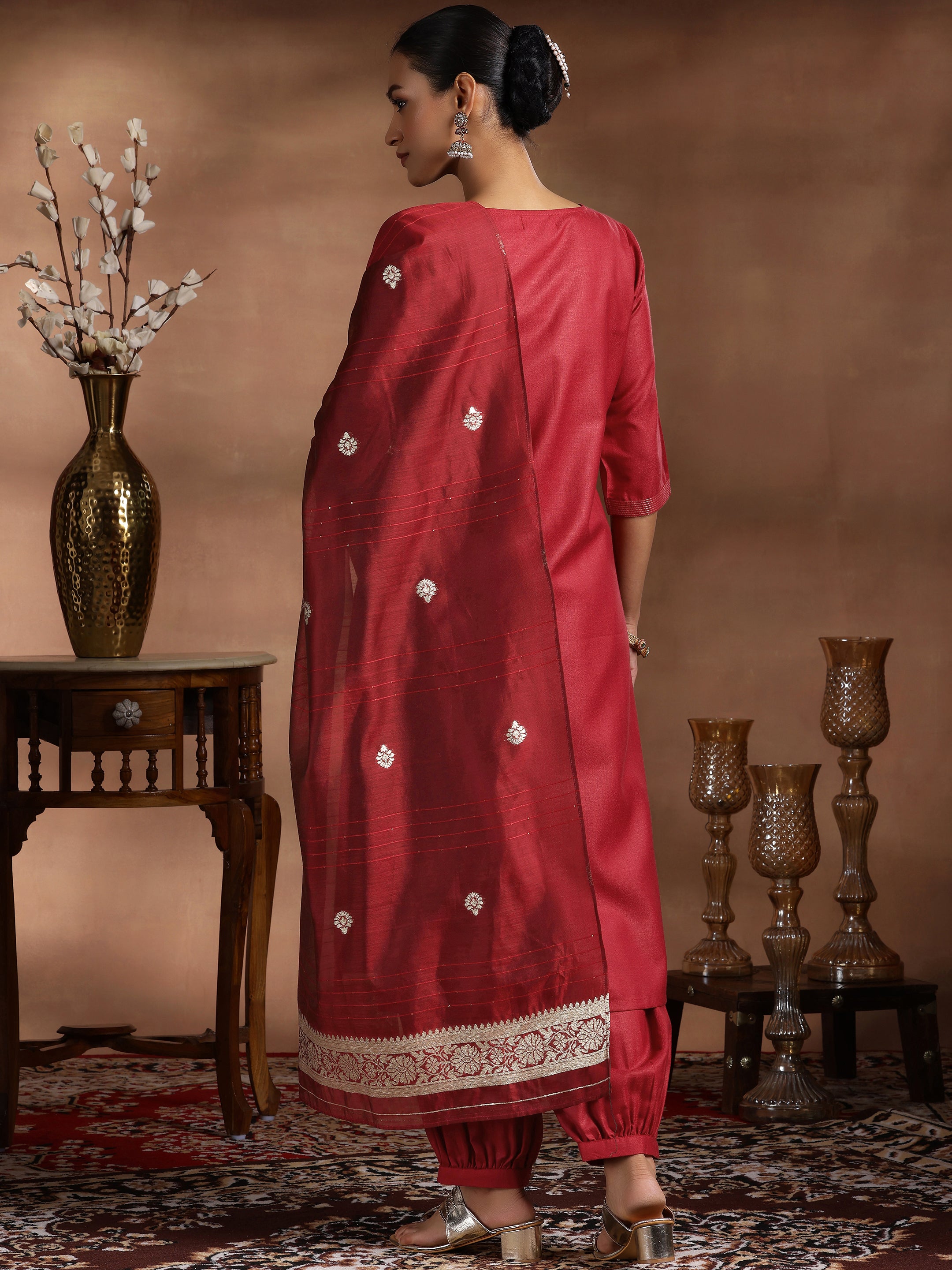 Maroon Solid Silk Blend Straight Suit With Dupatta