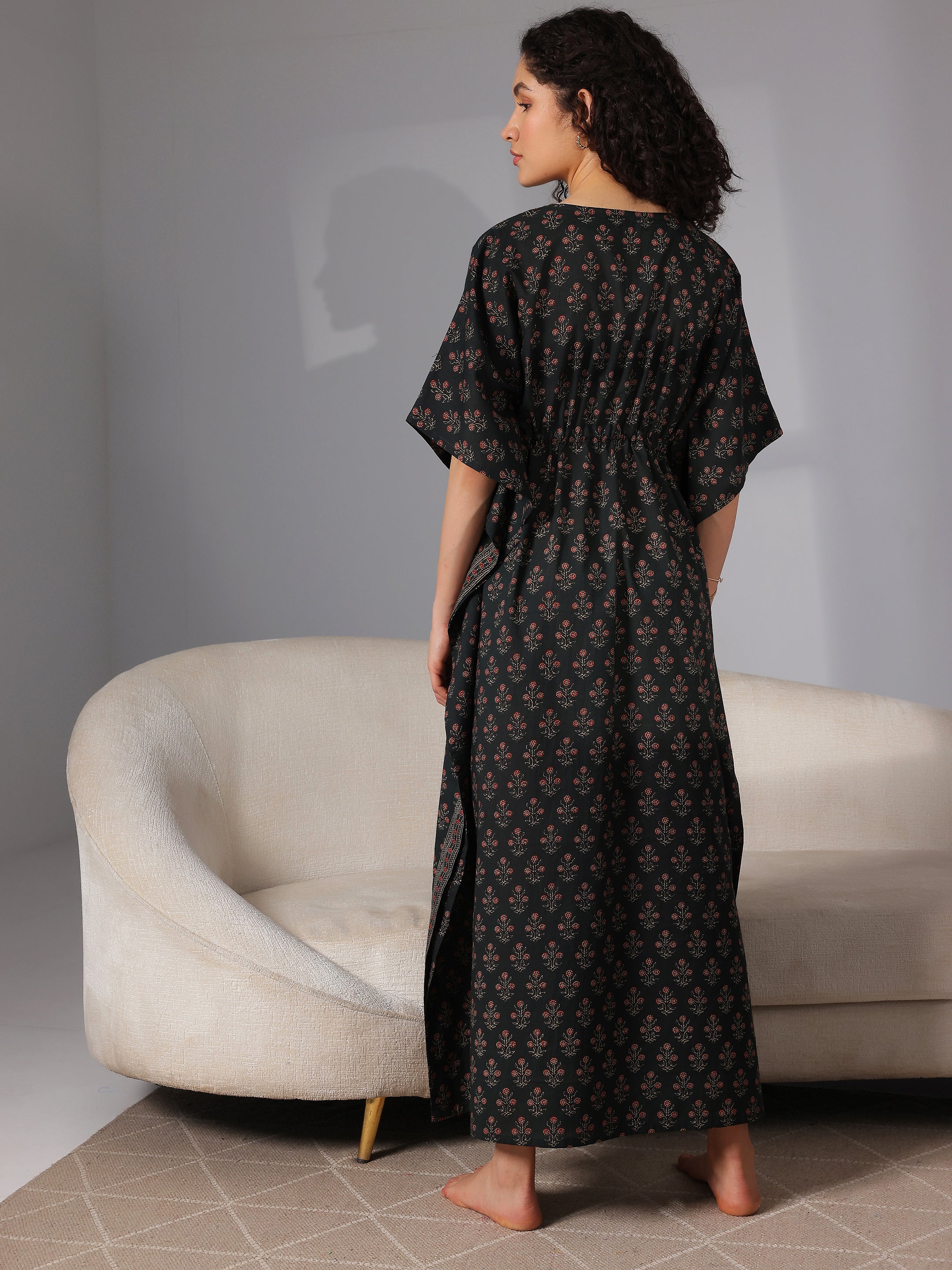 Dark Green Printed Cotton Kaftan Night Dress