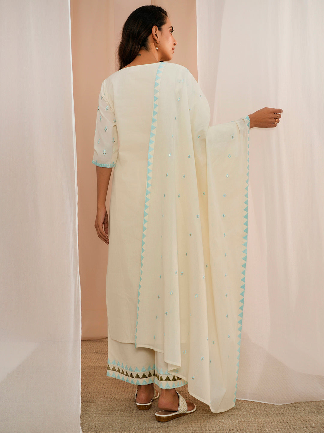 Off White Embroidered Cotton Straight Suit With Dupatta