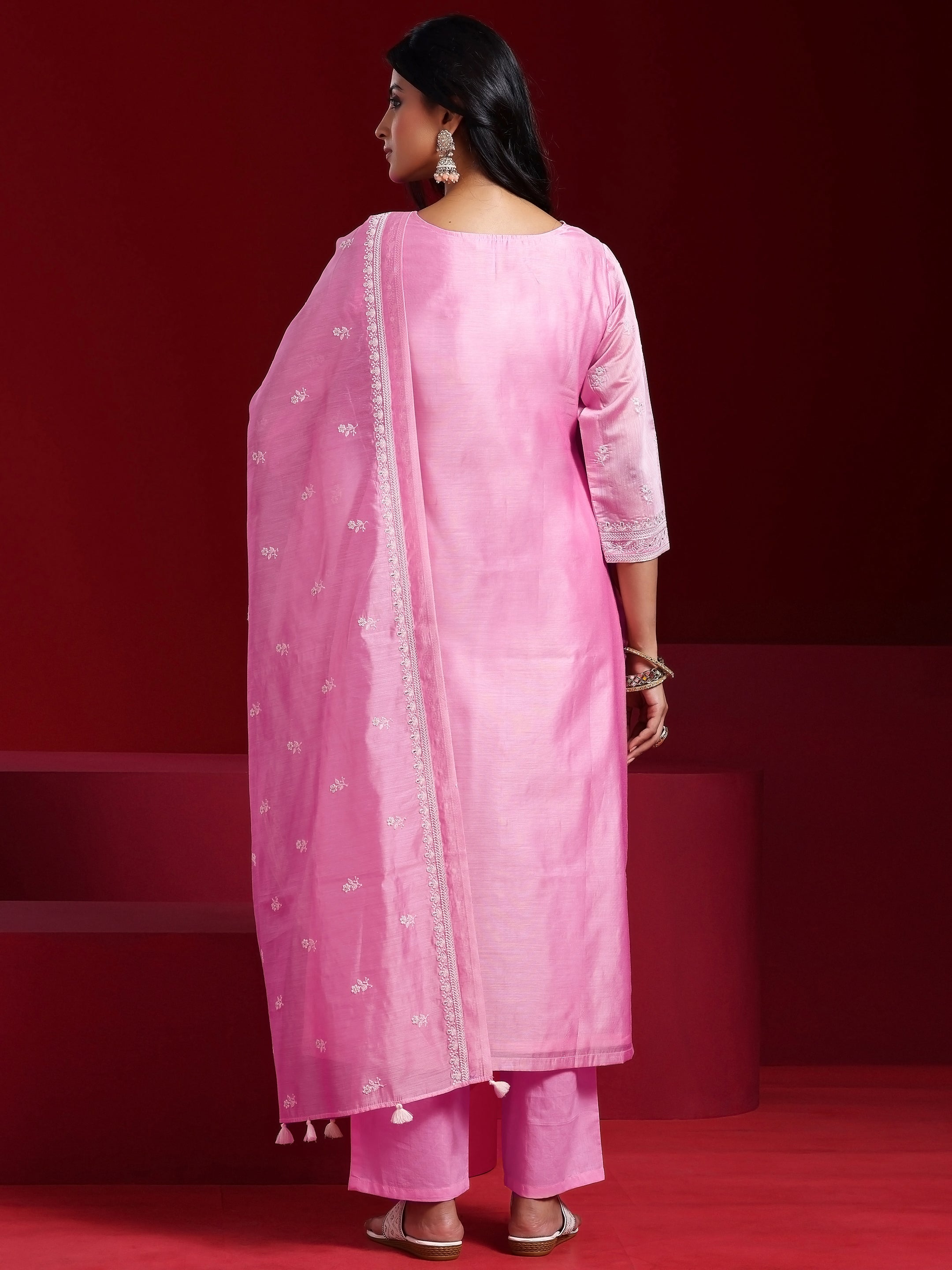 Libas Art Pink Embroidered Chanderi Silk Straight Suit With Dupatta