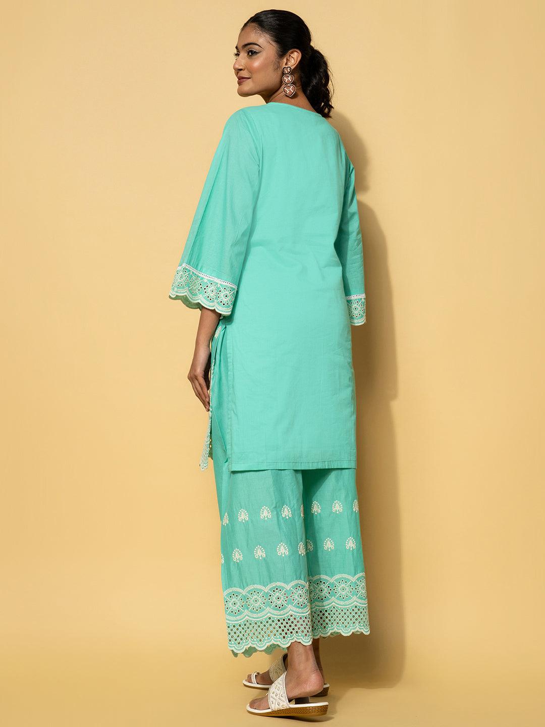 Green Embroidered Cotton Co-Ords