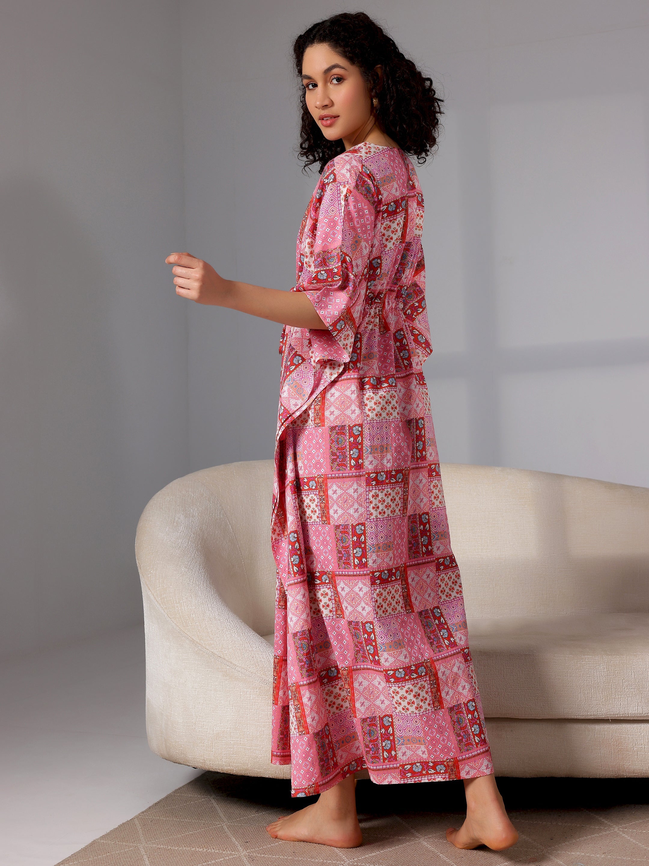 Pink Printed Cotton Kaftan Night Dress