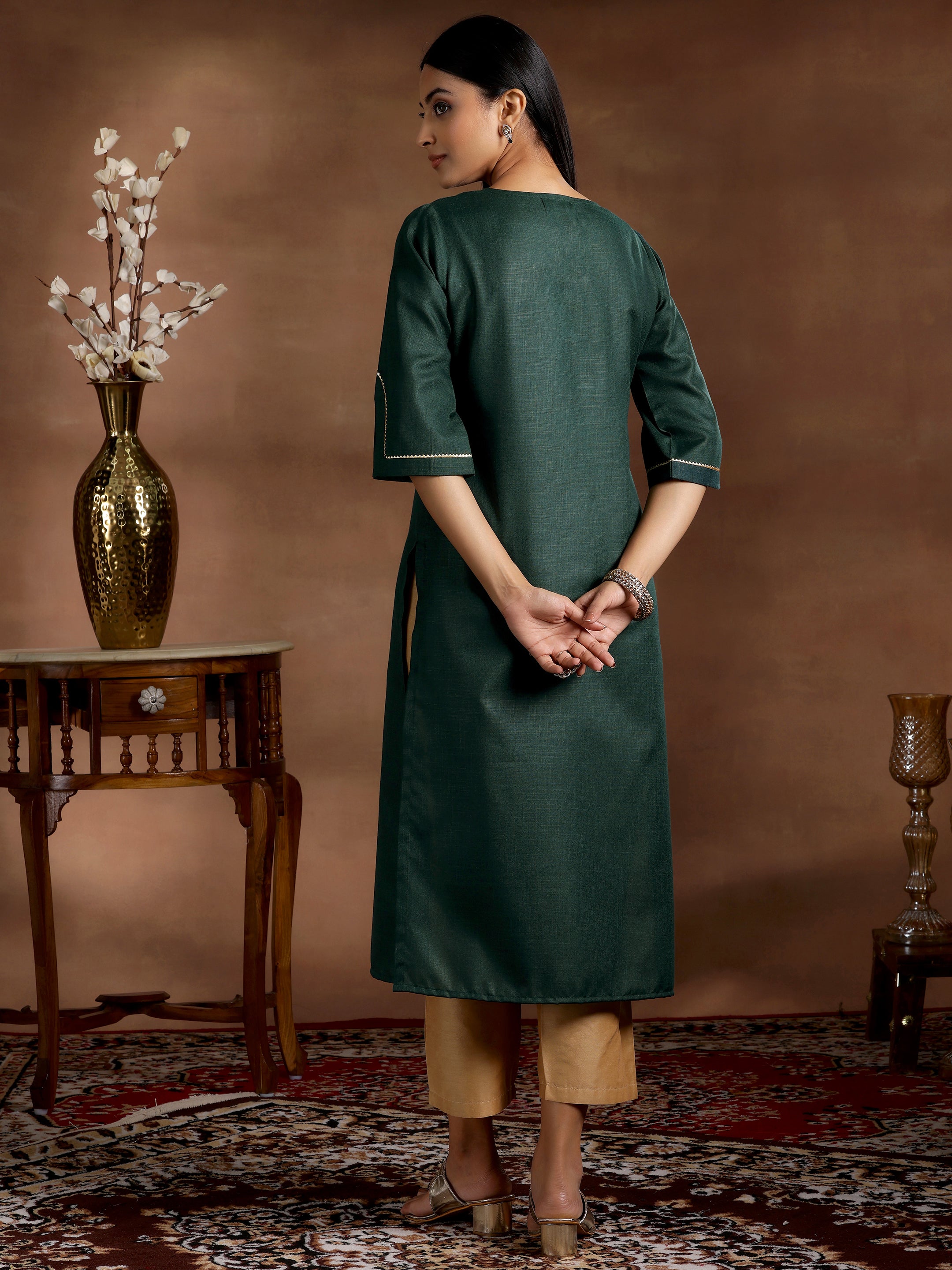 Green Solid Silk Straight Kurta