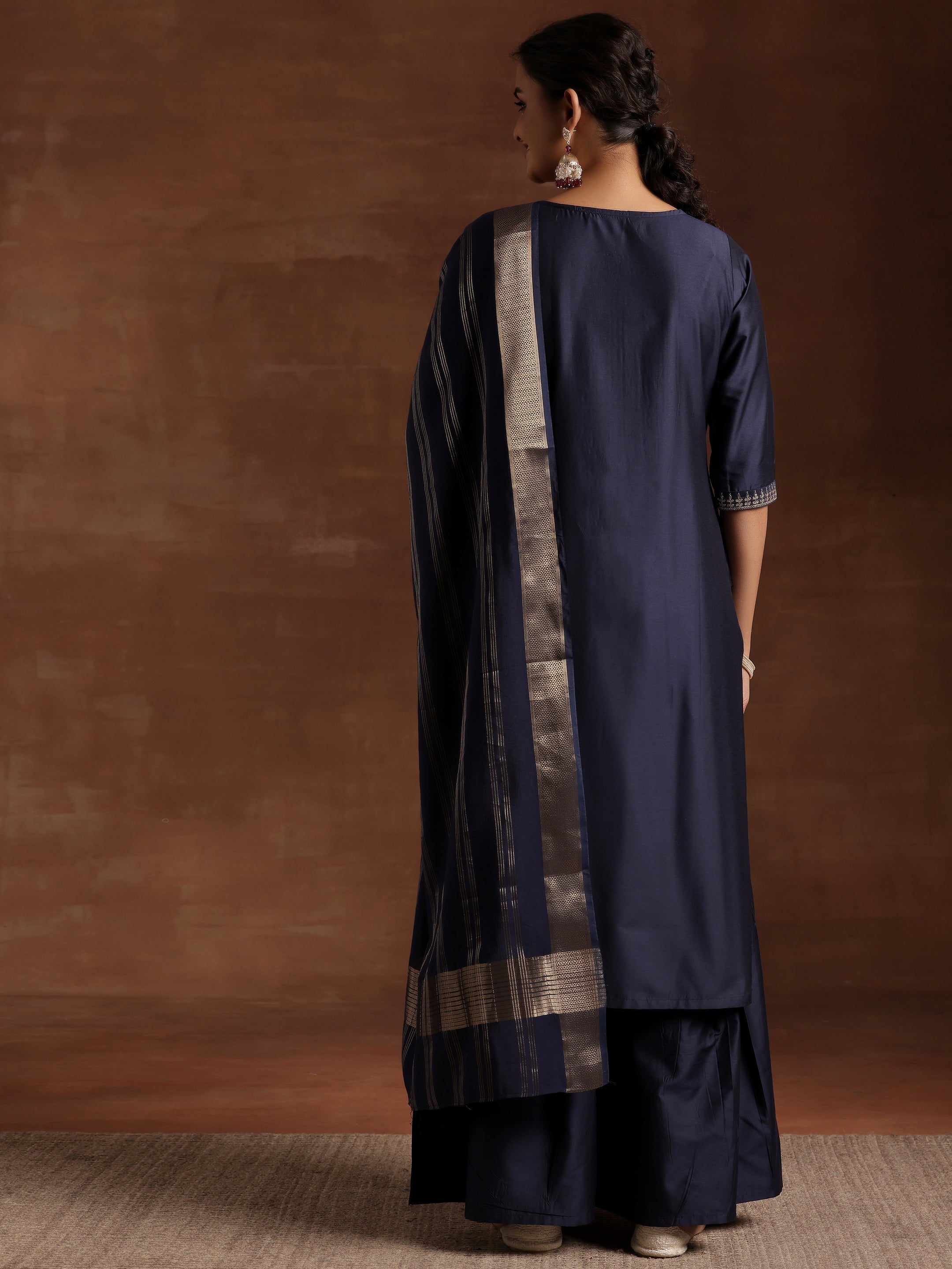 Blue Yoke Design Silk Blend Straight Suit With Dupatta