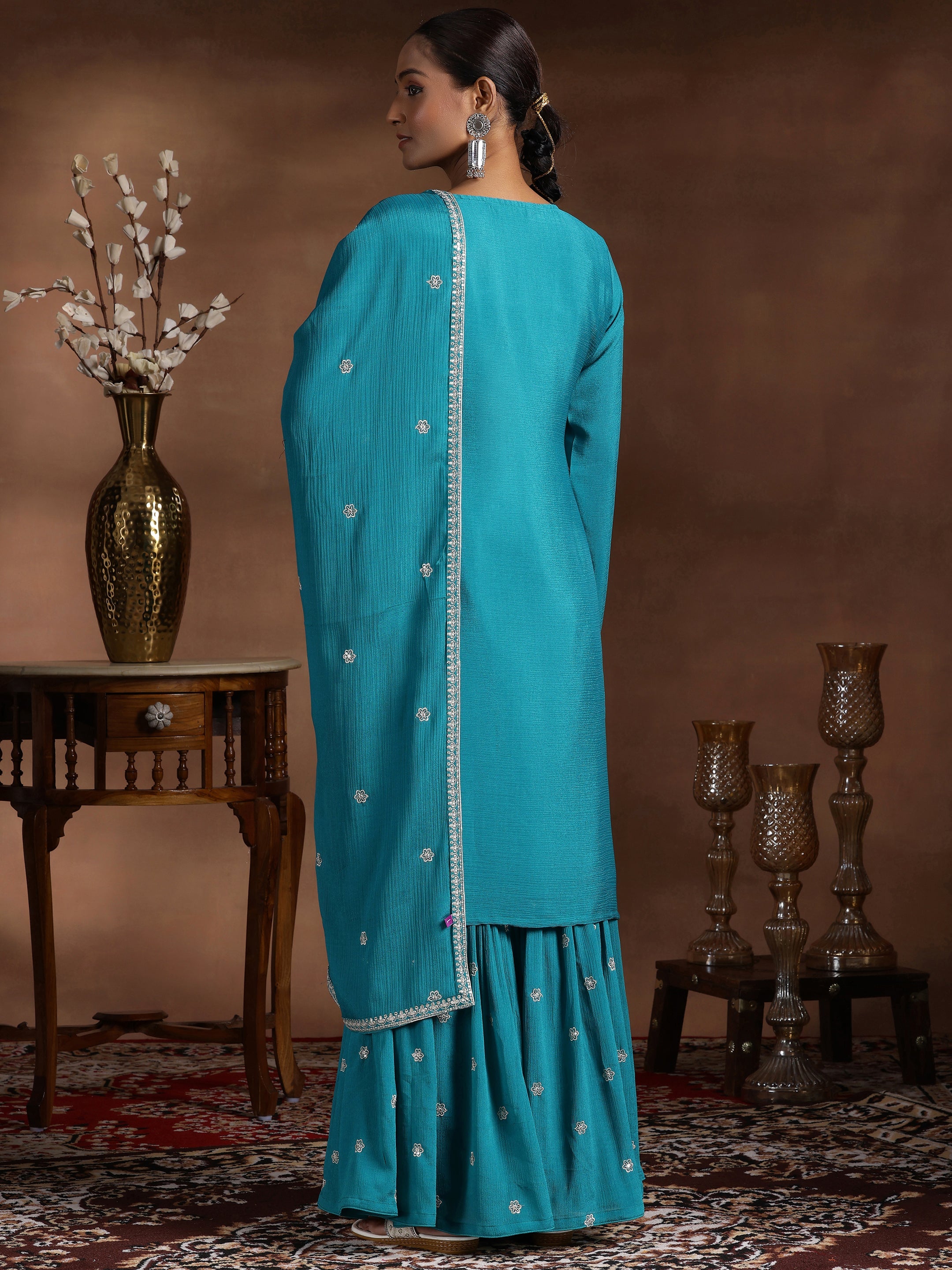 Rama Blue Embroidered Silk Blend Straight Suit With Dupatta