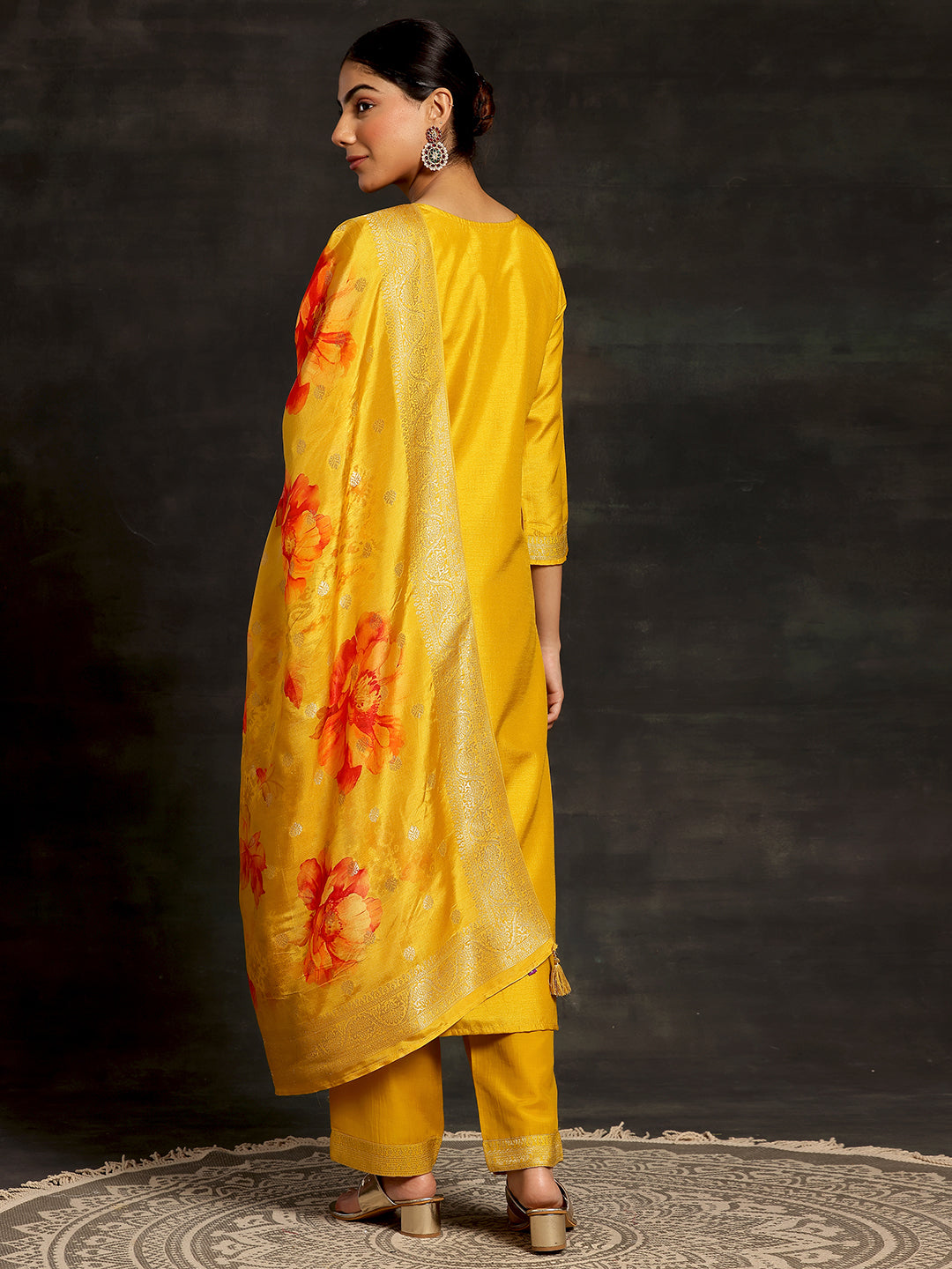 Mustard Woven Design Silk Blend Straight Suit With Dupatta