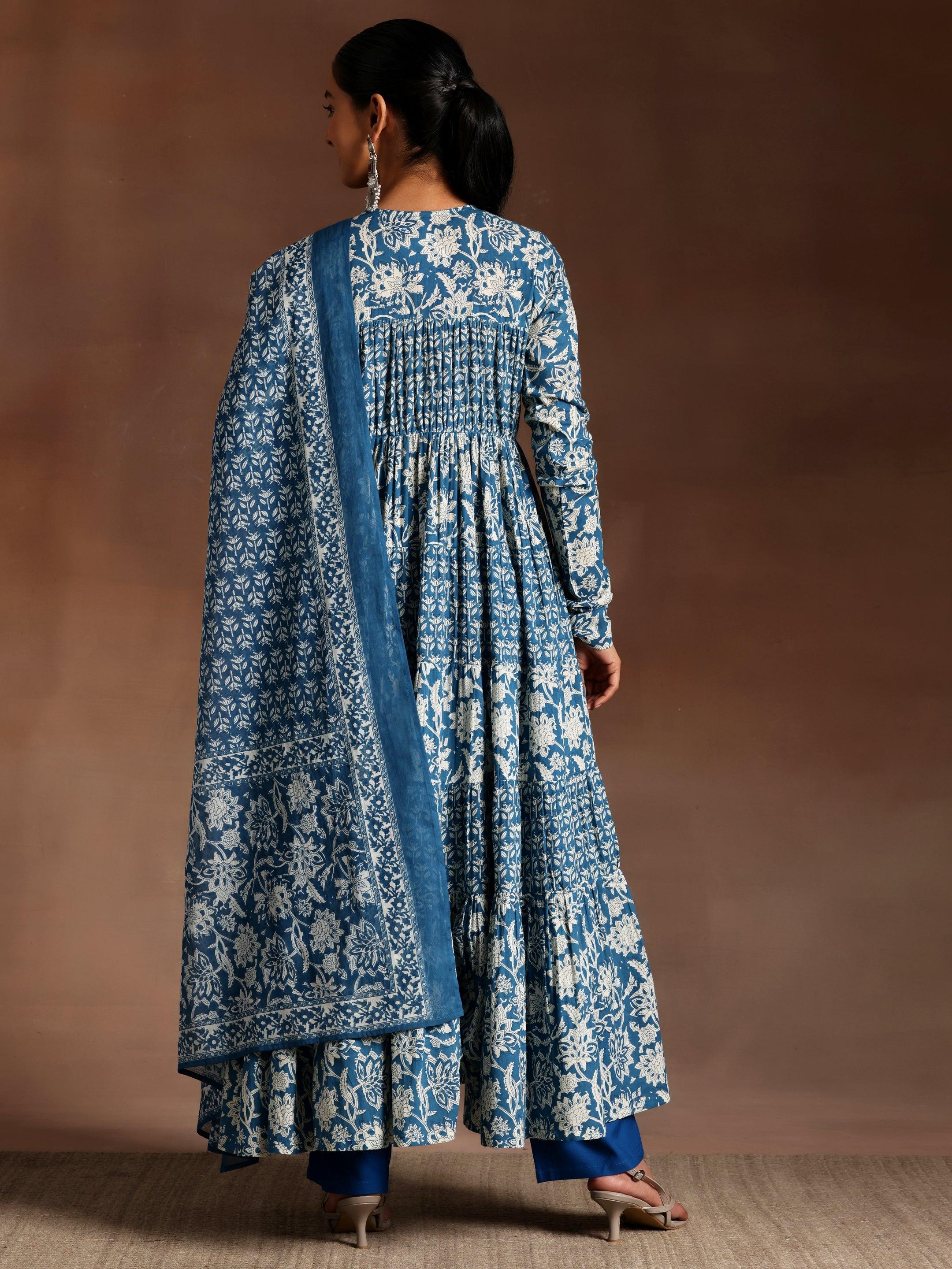 Blue Printed Cotton A-Line Kurta With Trousers & Dupatta