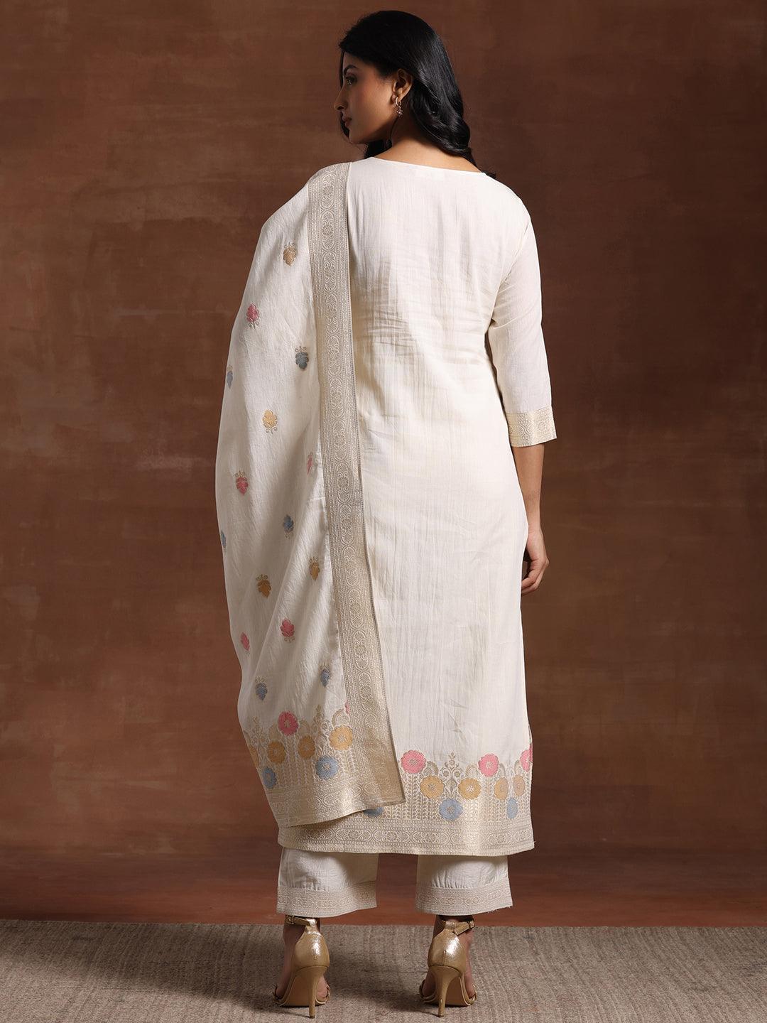 Off White Woven Design Cotton Straight Suit With Dupatta