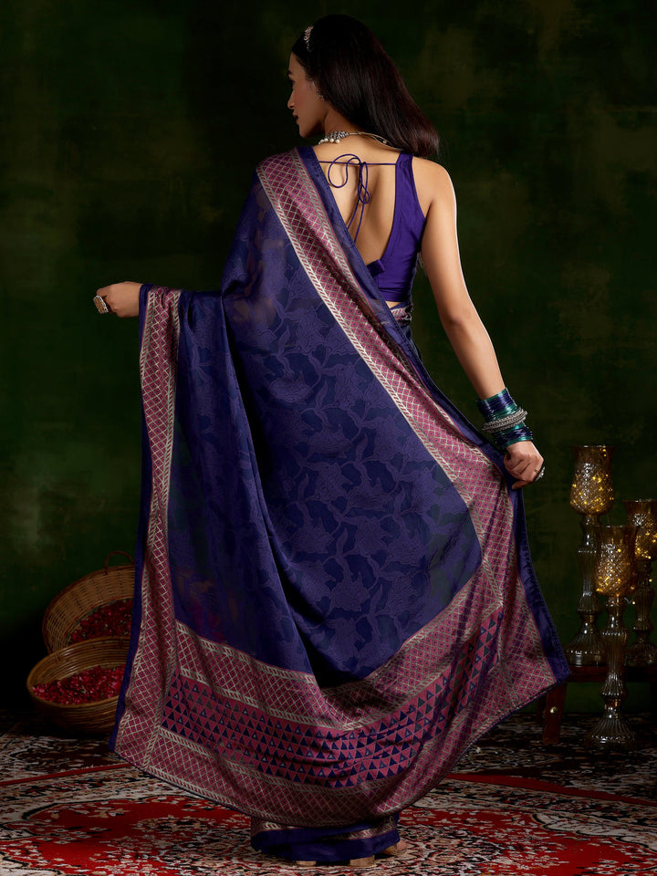 Blue Printed Silk Blend Saree With Unstitched Blouse Piece